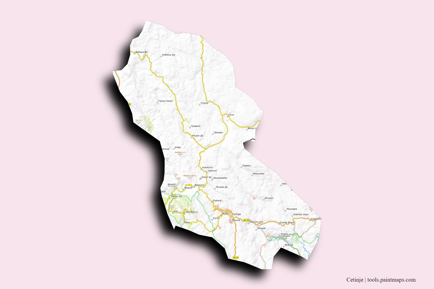 Cetinje and counties map with 3D shadow effect