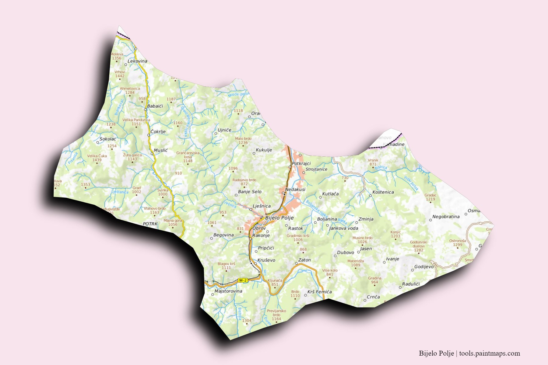 Mapa de Bijelo Polje y sus distritos con efecto de sombra 3D