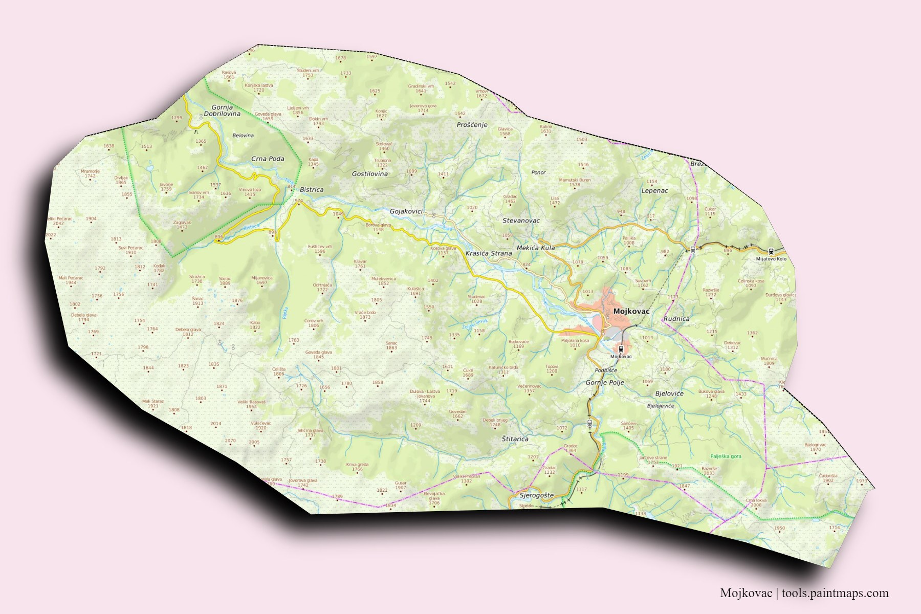 Mapa de Mojkovac y sus distritos con efecto de sombra 3D