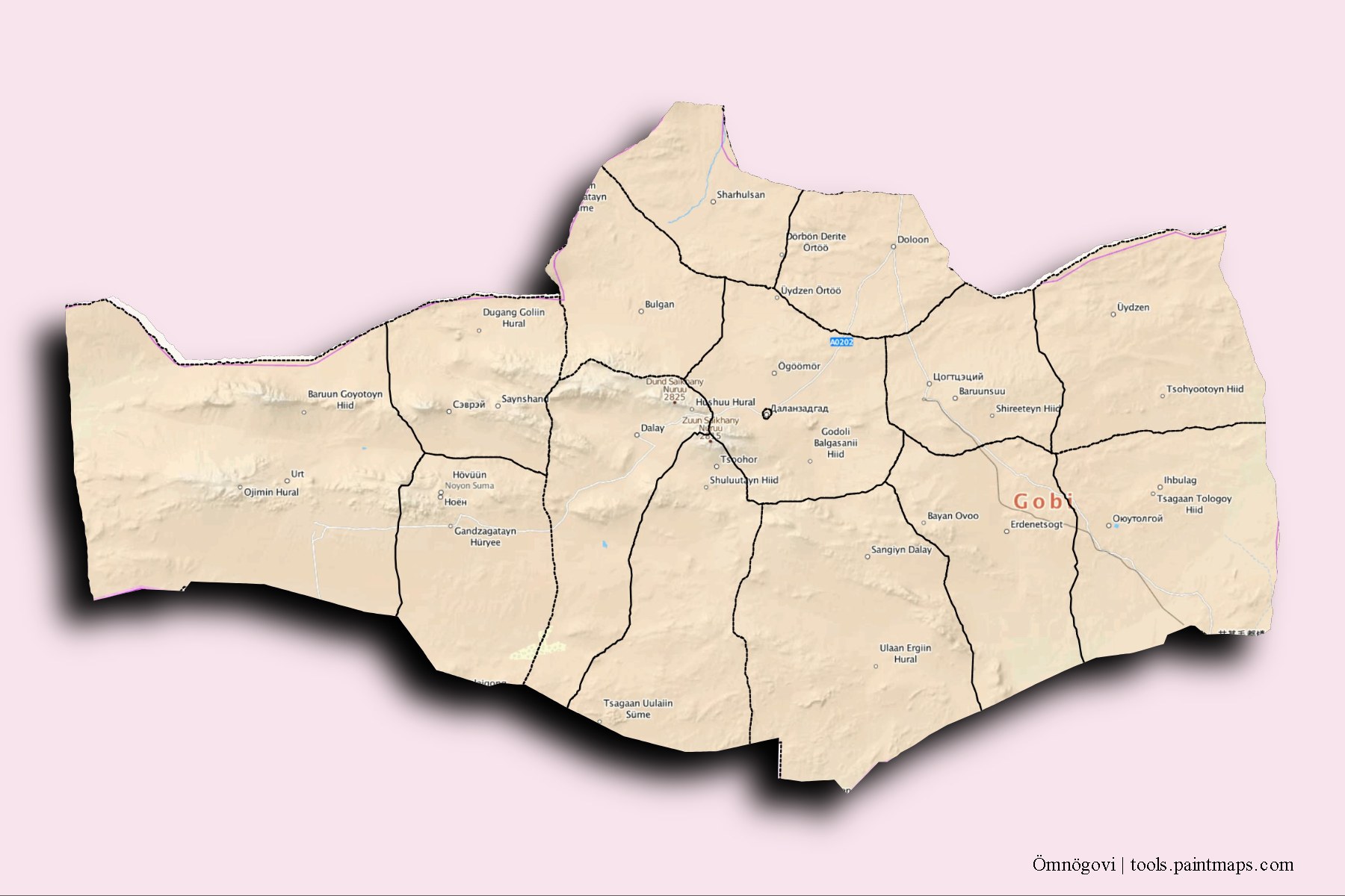 Mapa de Ömnögovi y sus distritos con efecto de sombra 3D