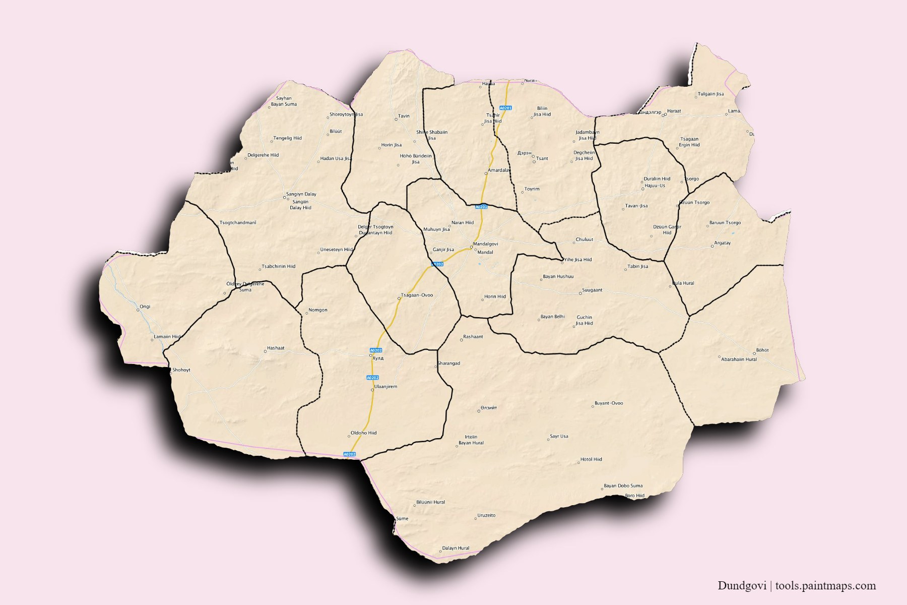 Mapa de Dundgovi y sus distritos con efecto de sombra 3D