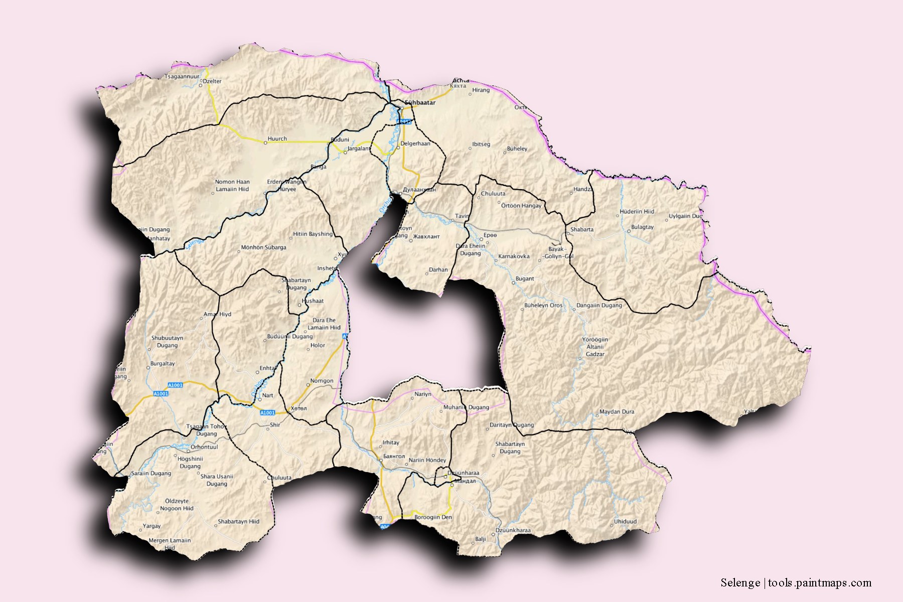 Mapa de Selenge y sus distritos con efecto de sombra 3D