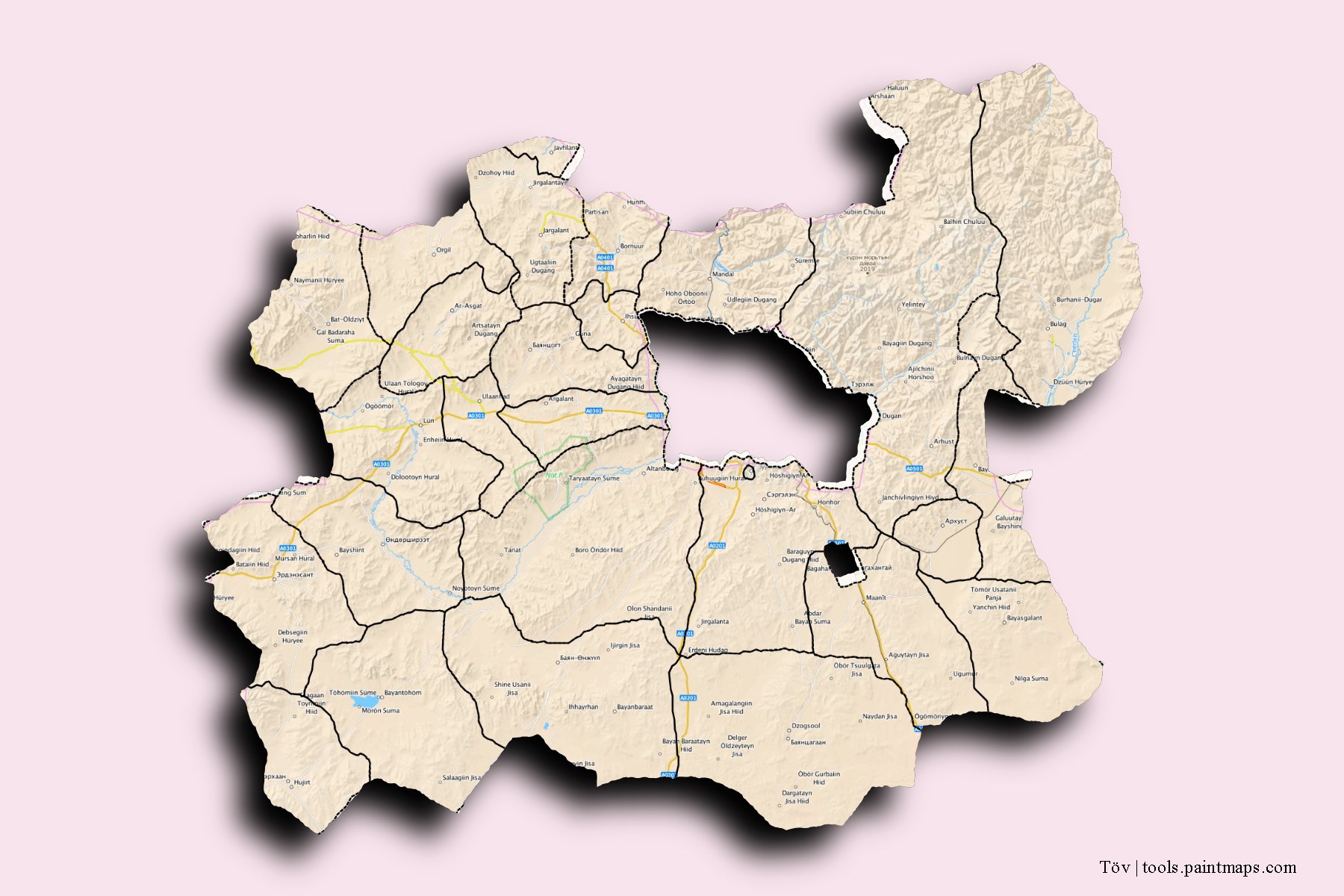 Mapa de Töv y sus distritos con efecto de sombra 3D