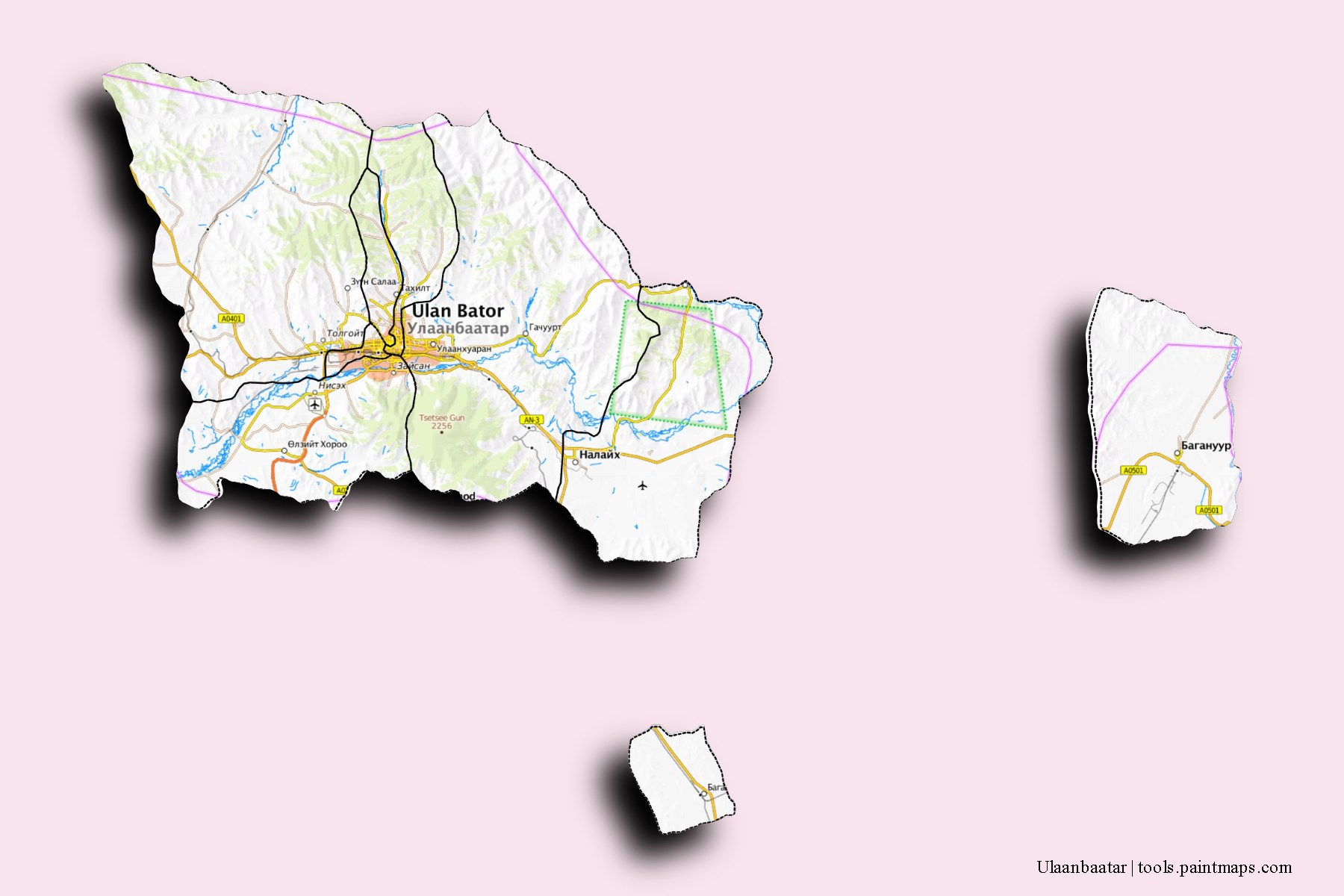 Mapa de Ulaanbaatar y sus distritos con efecto de sombra 3D