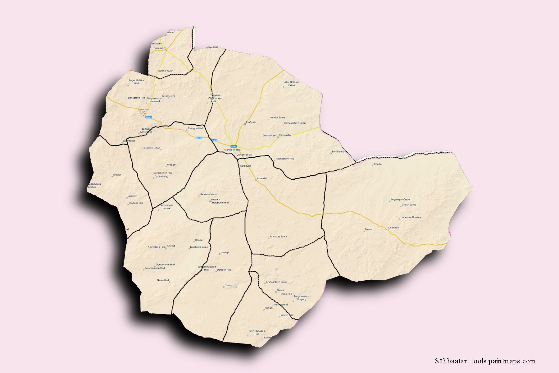 Mapa de Sühbaatar y sus distritos con efecto de sombra 3D