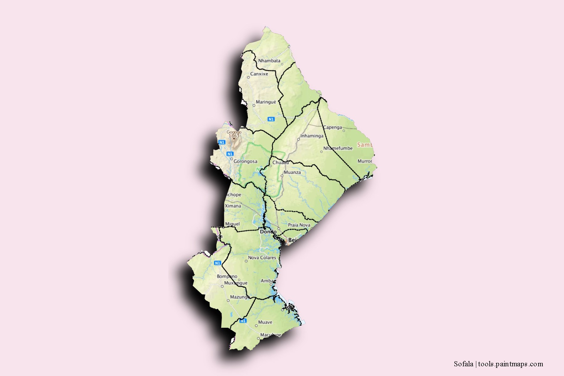 Sofala and counties map with 3D shadow effect