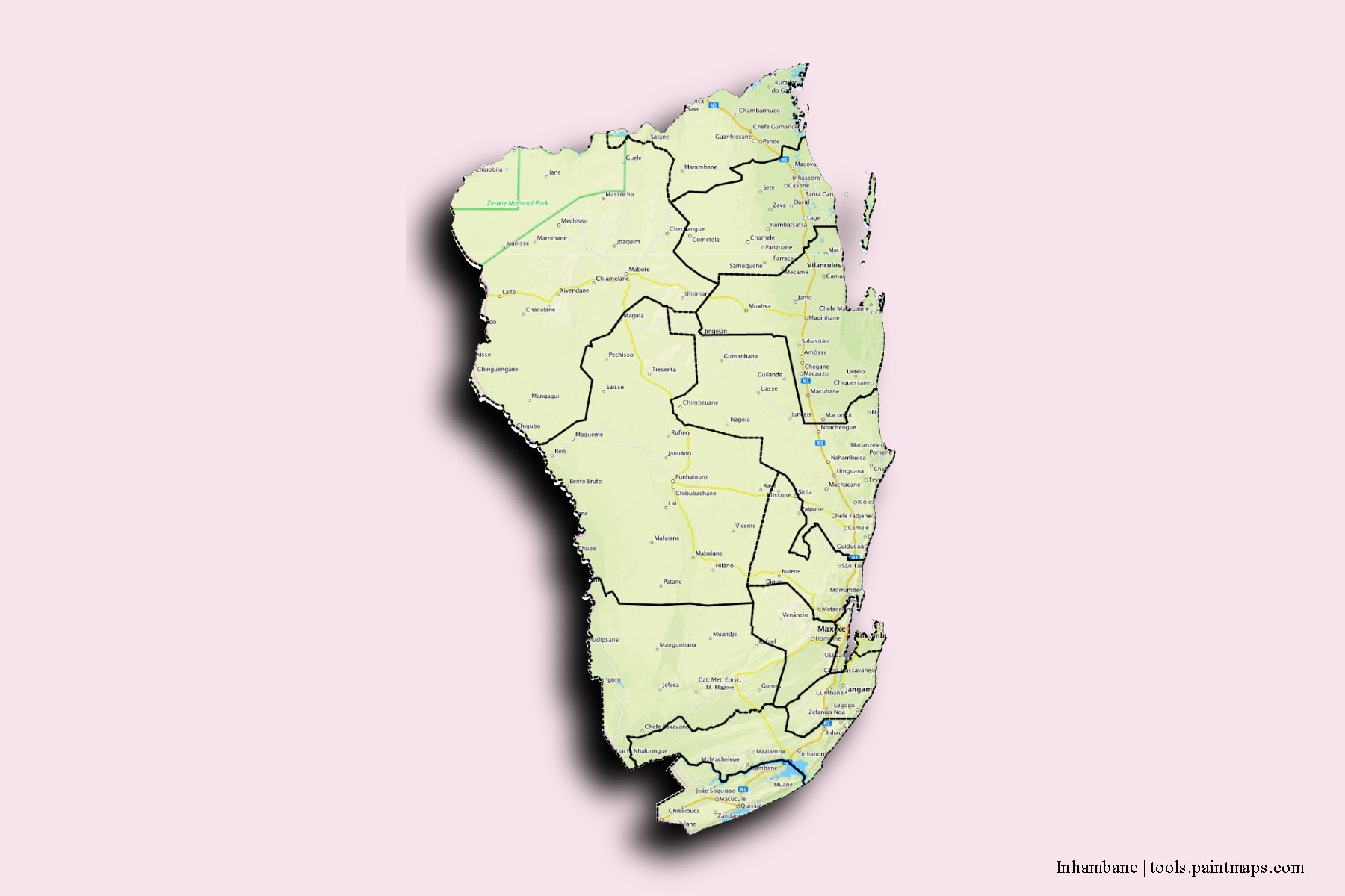 Mapa de Inhambane y sus distritos con efecto de sombra 3D