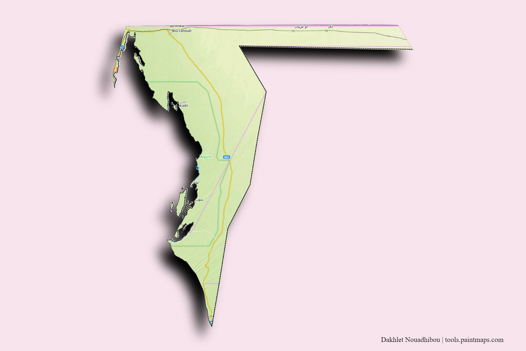 Mapa de Dakhlet Nouadhibou y sus distritos con efecto de sombra 3D