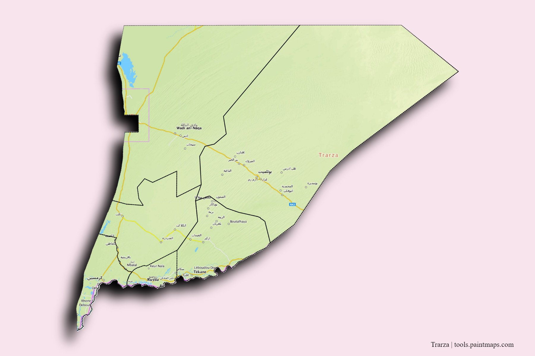 Trarza and counties map with 3D shadow effect