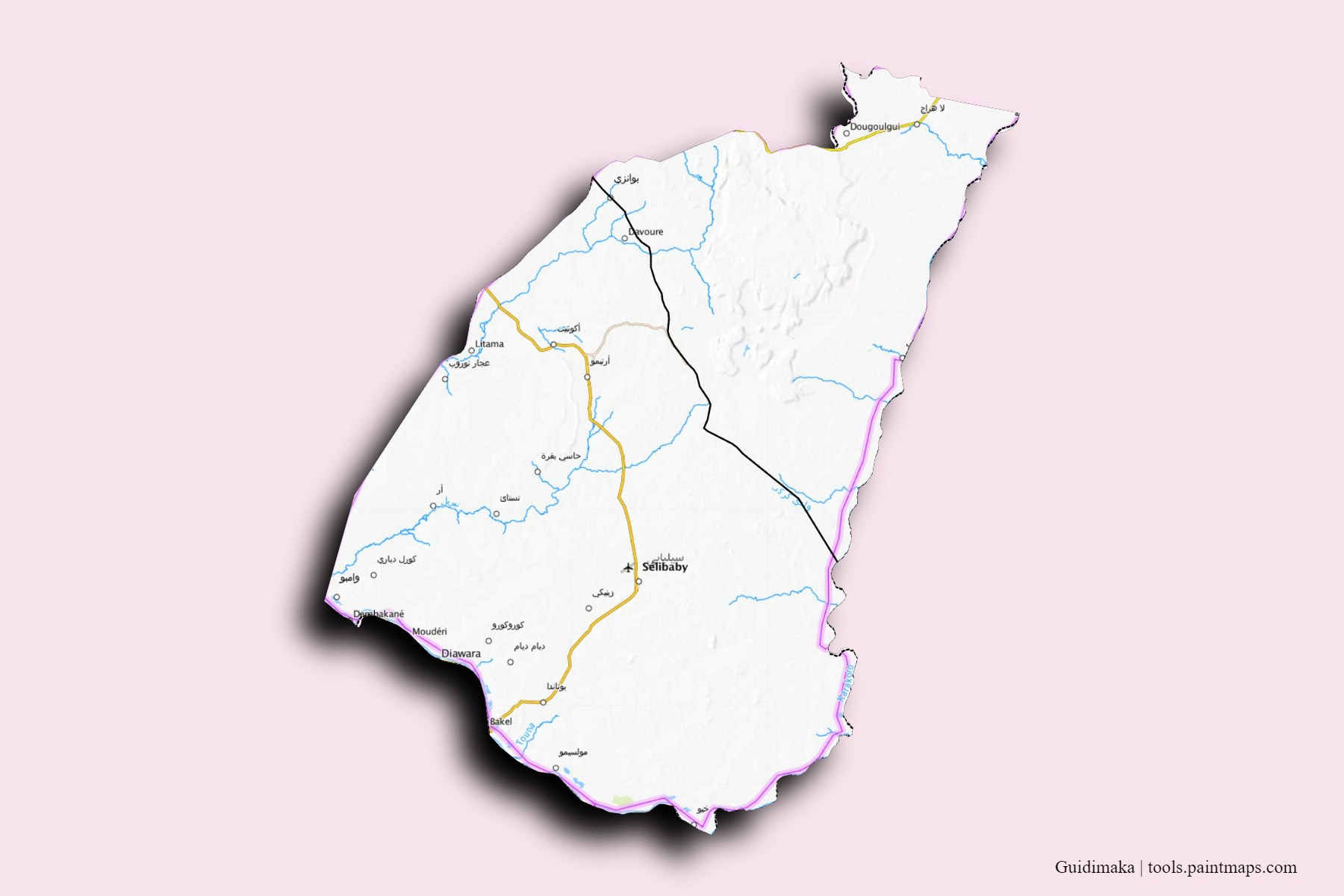 Guidimaka Region and counties map with 3D shadow effect