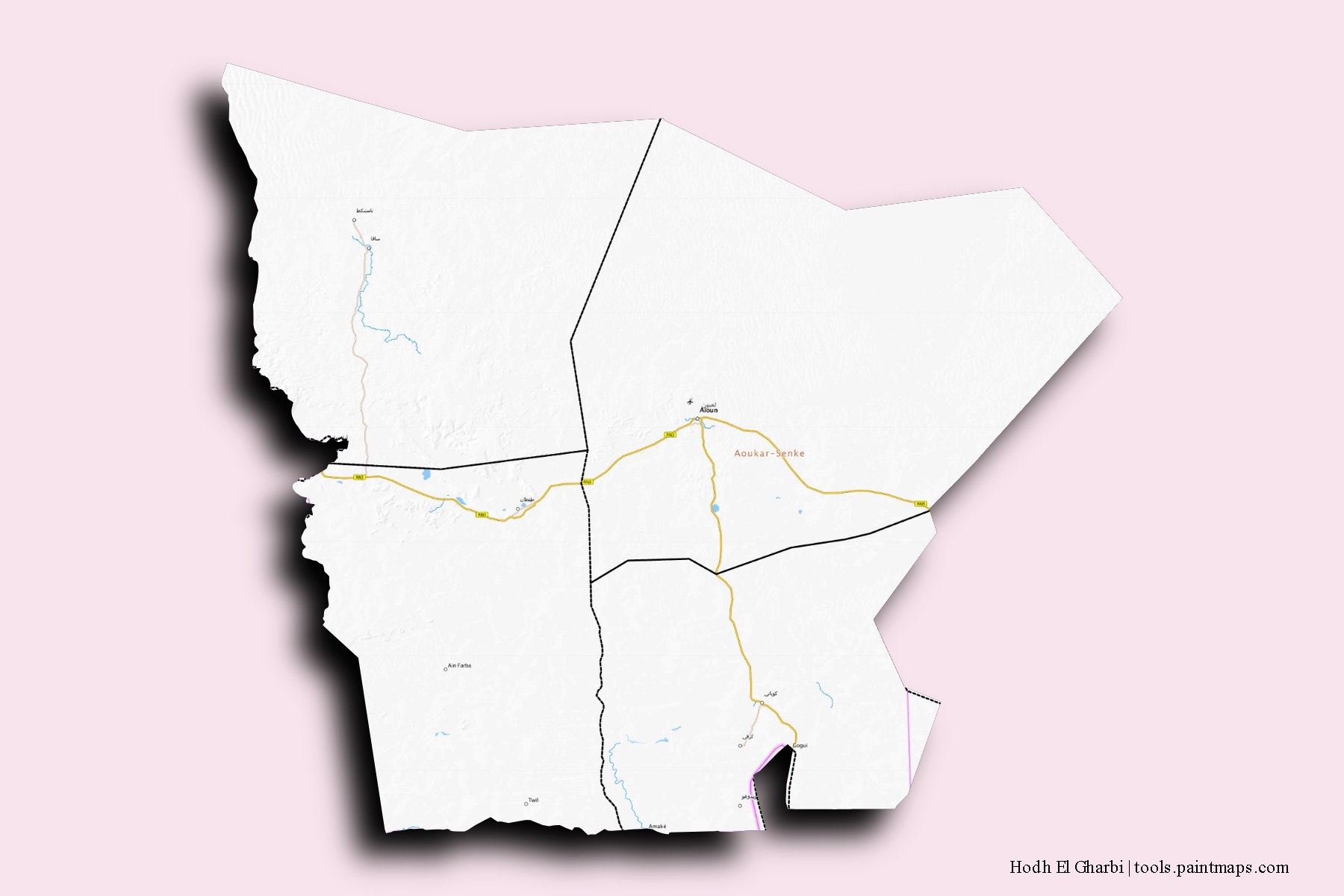 Hodh el Gharbi and counties map with 3D shadow effect