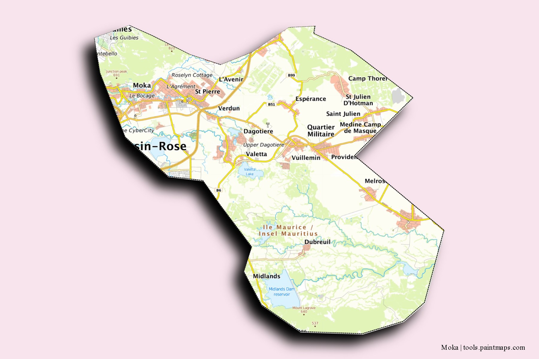 Moka and counties map with 3D shadow effect