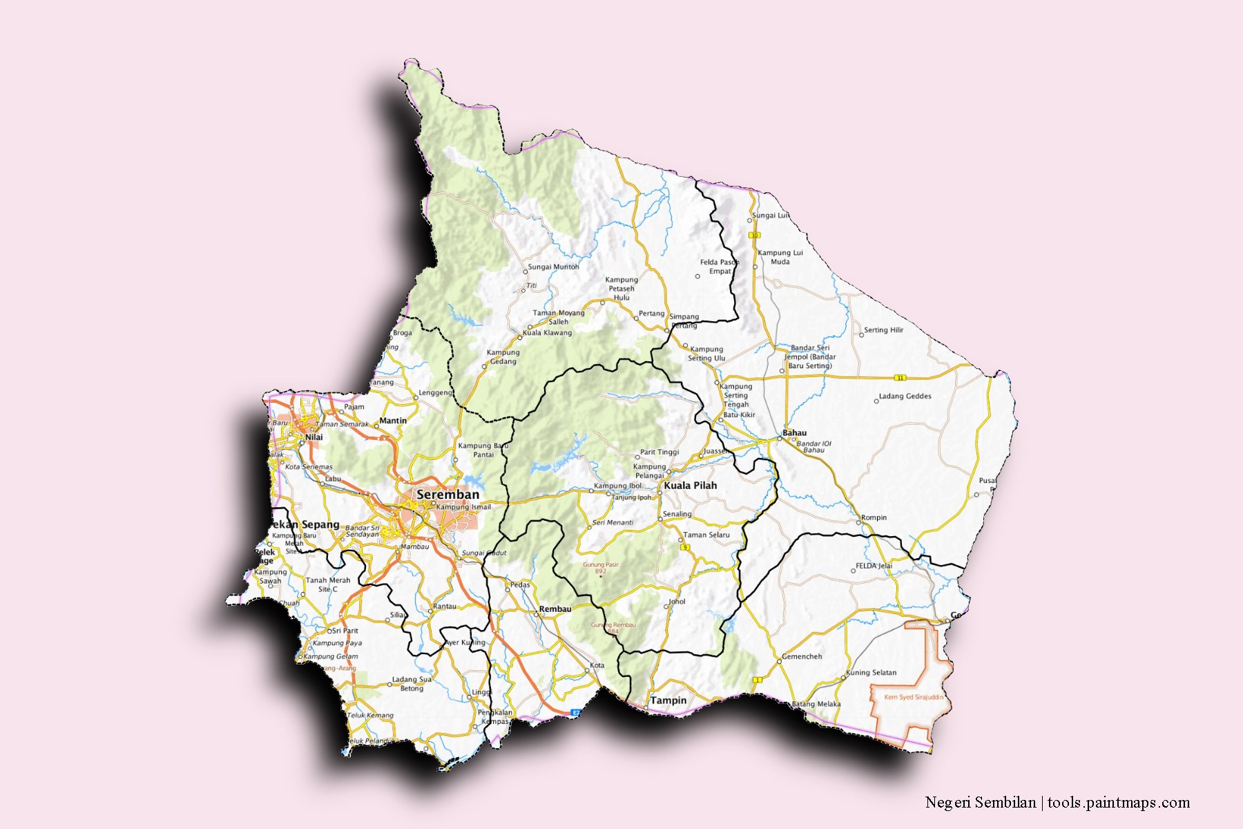 Negeri Sembilan and counties map with 3D shadow effect