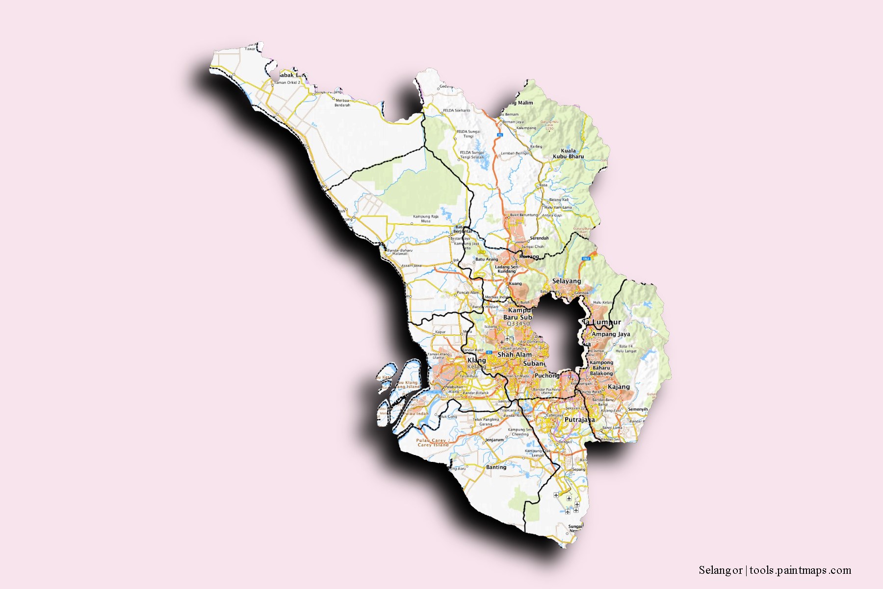 Selangor and counties map with 3D shadow effect