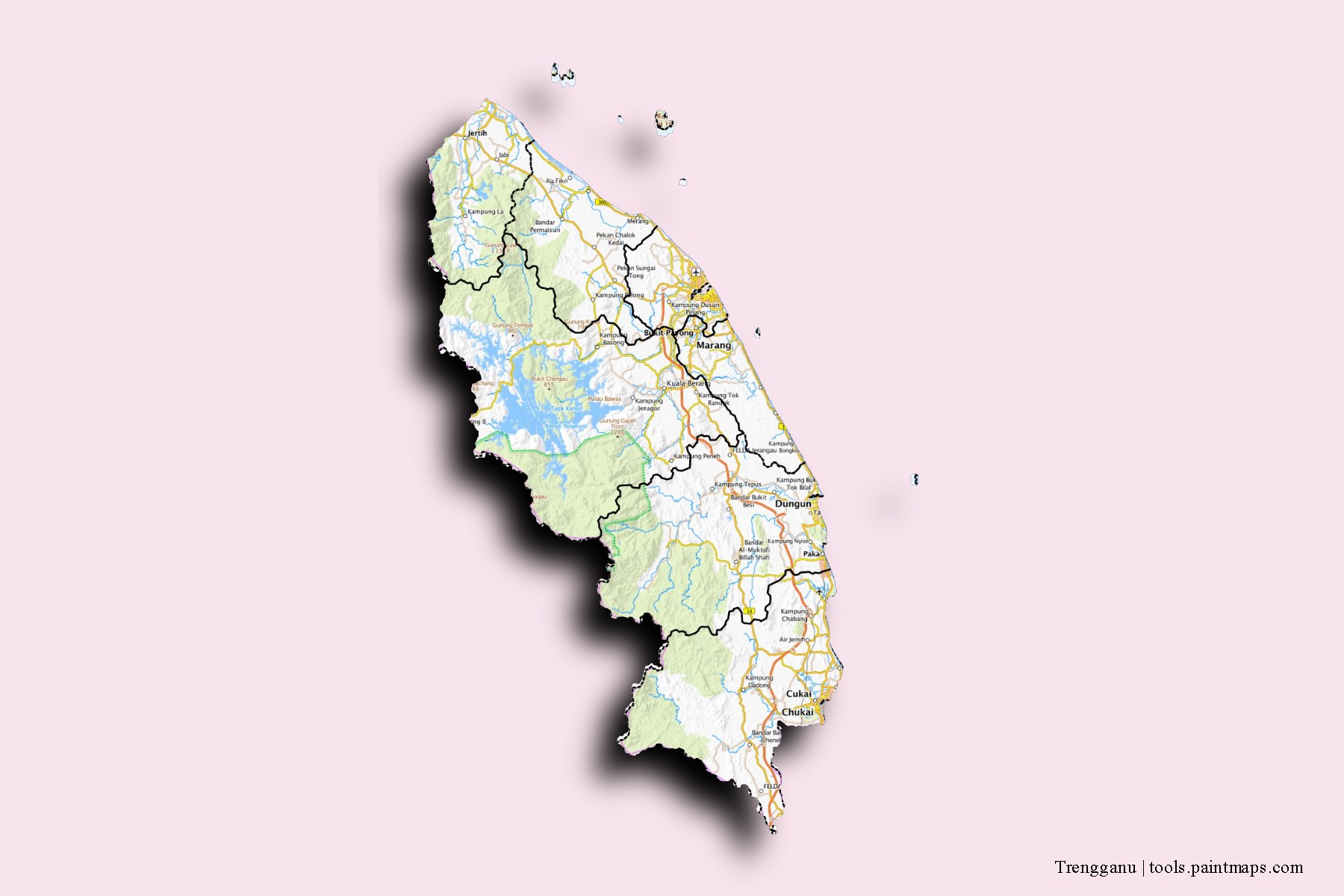 Trengganu and counties map with 3D shadow effect