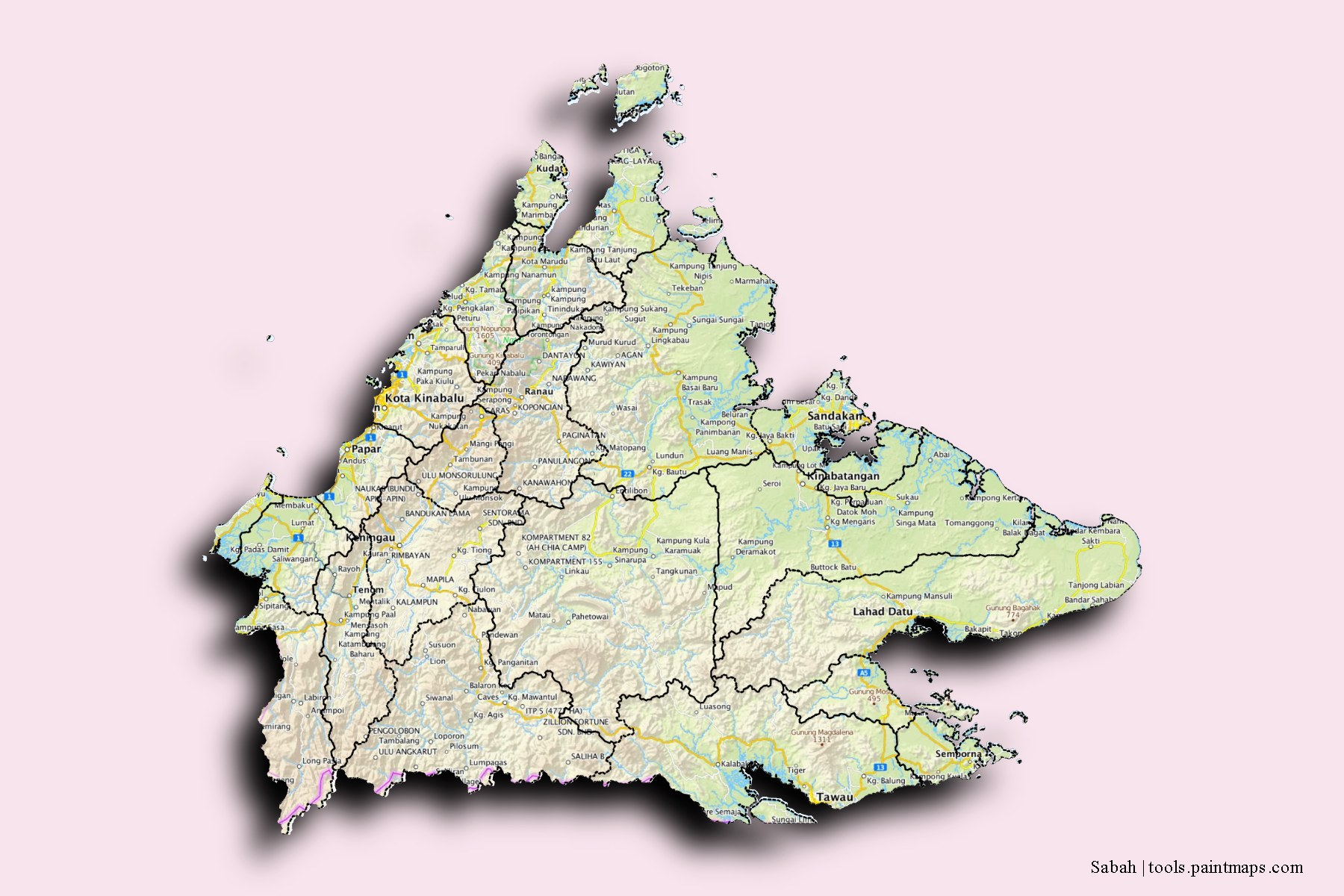 Sabah and counties map with 3D shadow effect