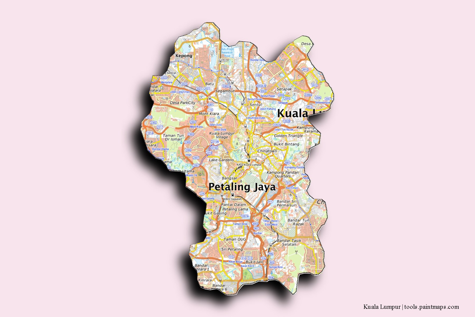 Kuala Lumpur and counties map with 3D shadow effect