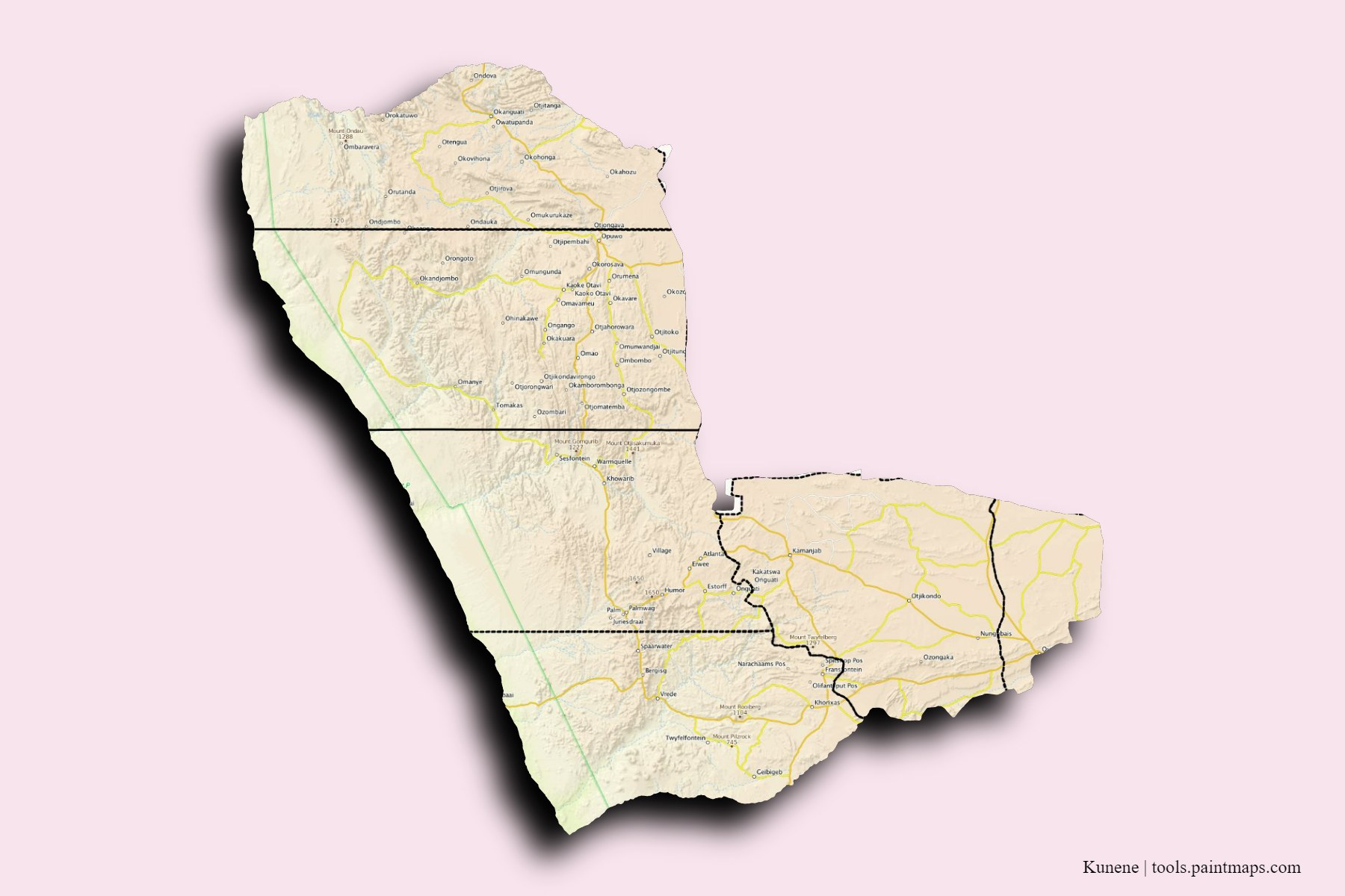 3D gölge efektli Kunene ve ilçeleri haritası