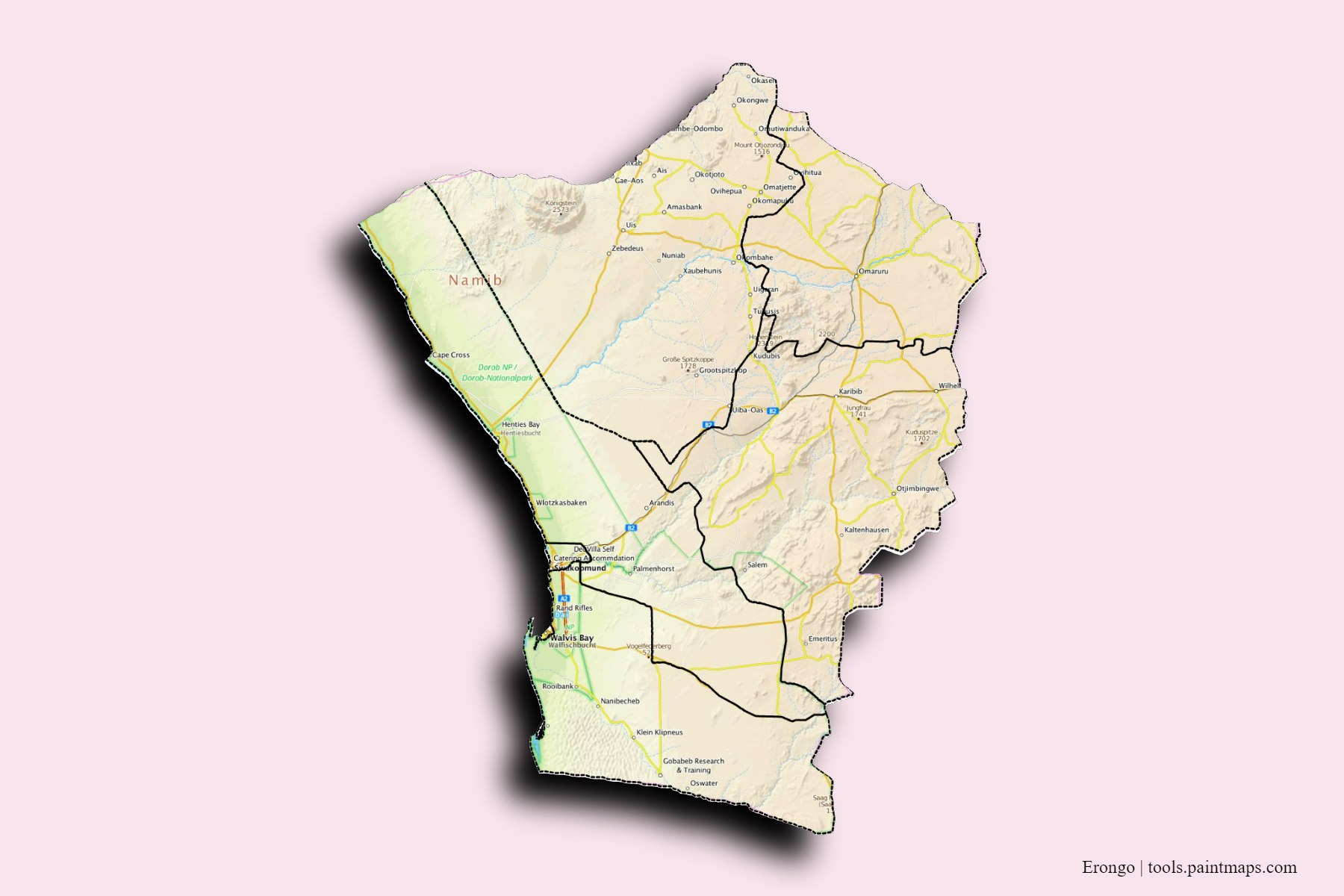 Mapa de Erongo y sus distritos con efecto de sombra 3D