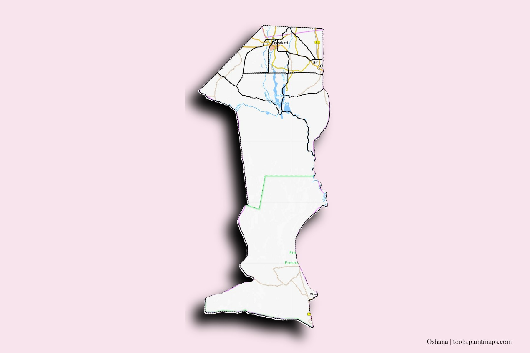 Mapa de Oshana y sus distritos con efecto de sombra 3D