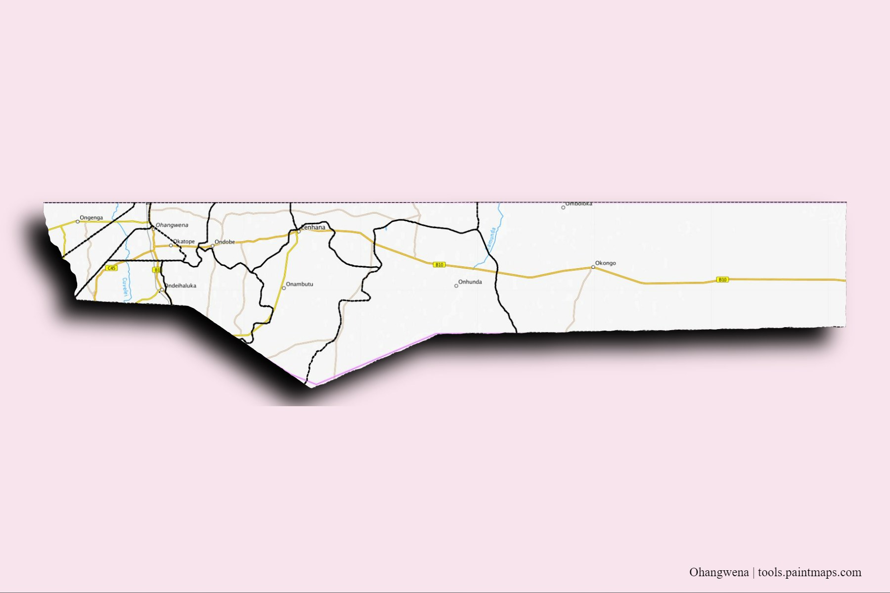 Mapa de Ohangwena y sus distritos con efecto de sombra 3D