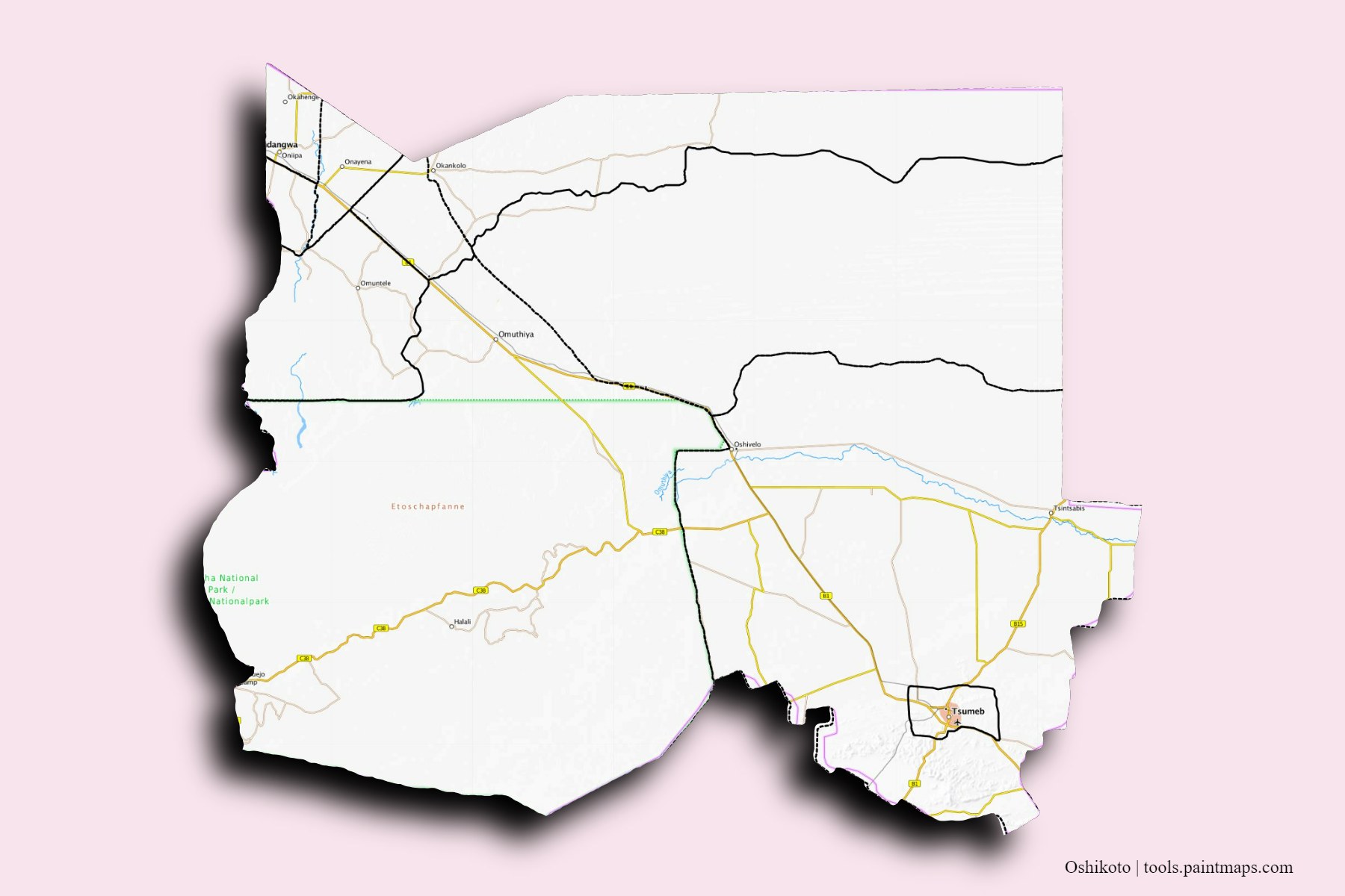 Mapa de Oshikoto y sus distritos con efecto de sombra 3D