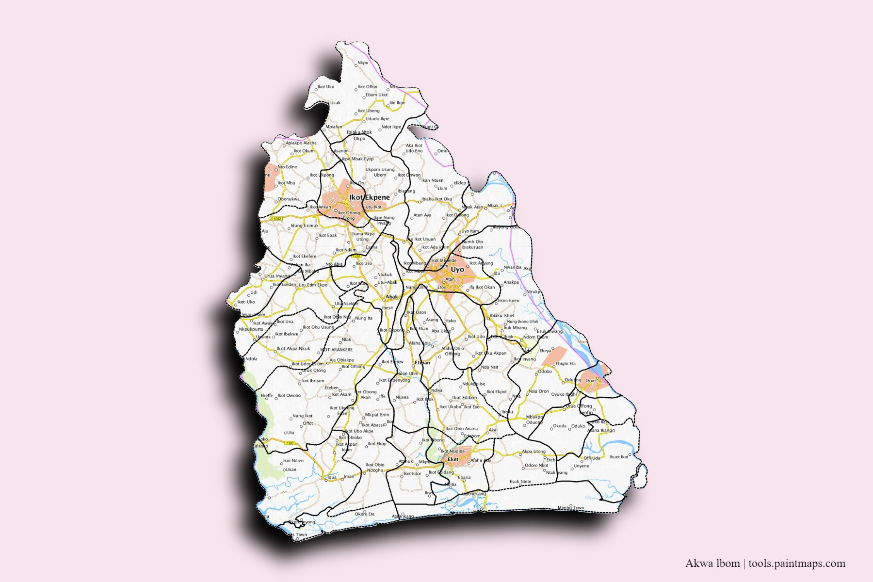 Mapa de Akwa lbom y sus distritos con efecto de sombra 3D