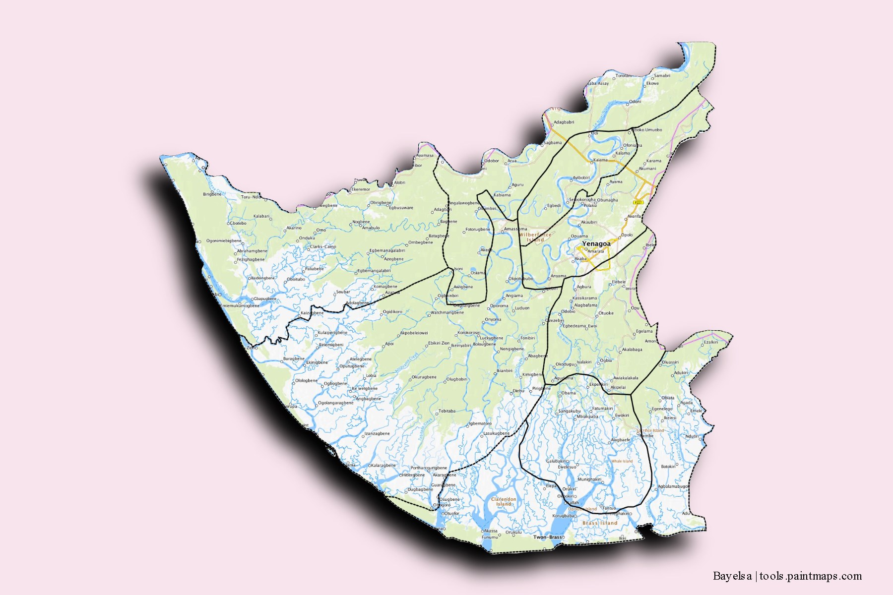 Mapa de Bayelsa y sus distritos con efecto de sombra 3D