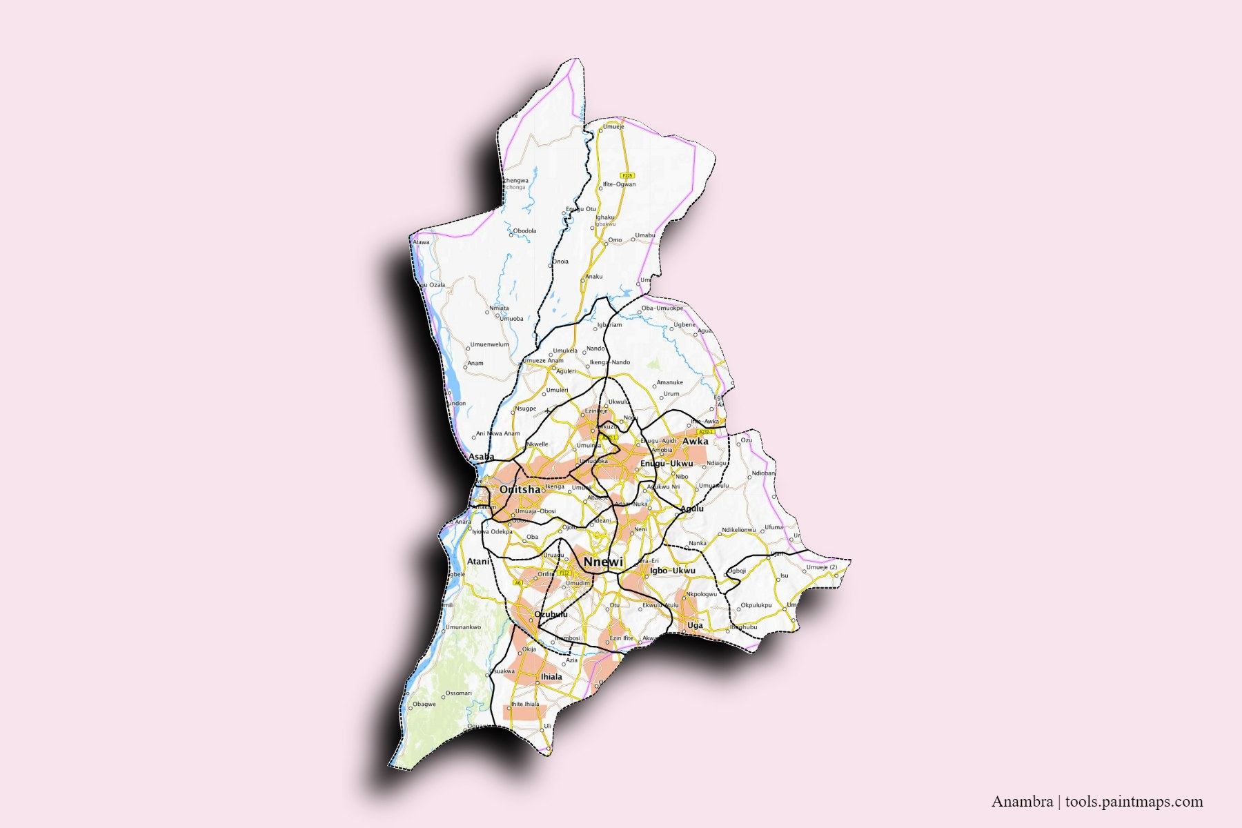 Anambra and counties map with 3D shadow effect