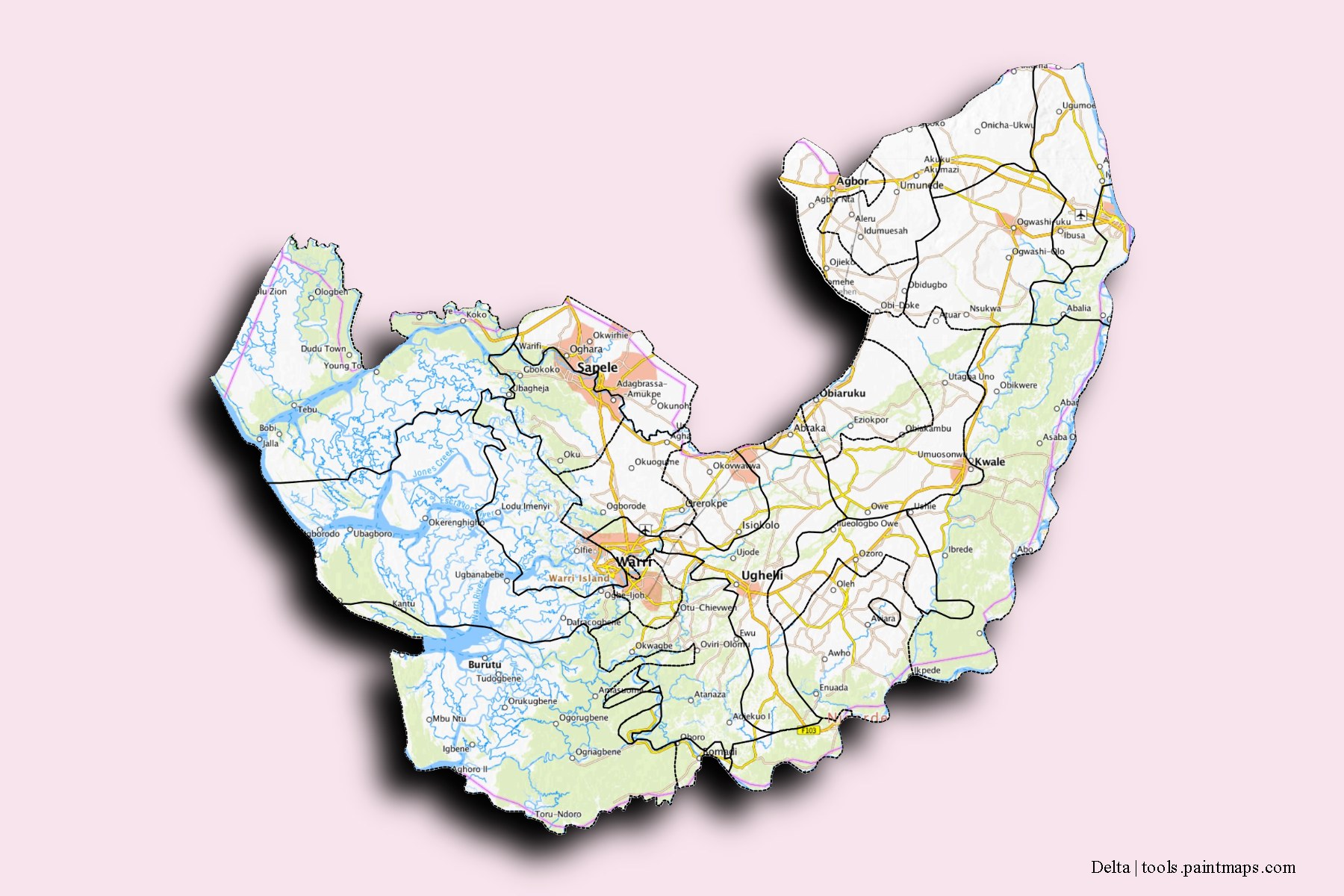 Delta and counties map with 3D shadow effect