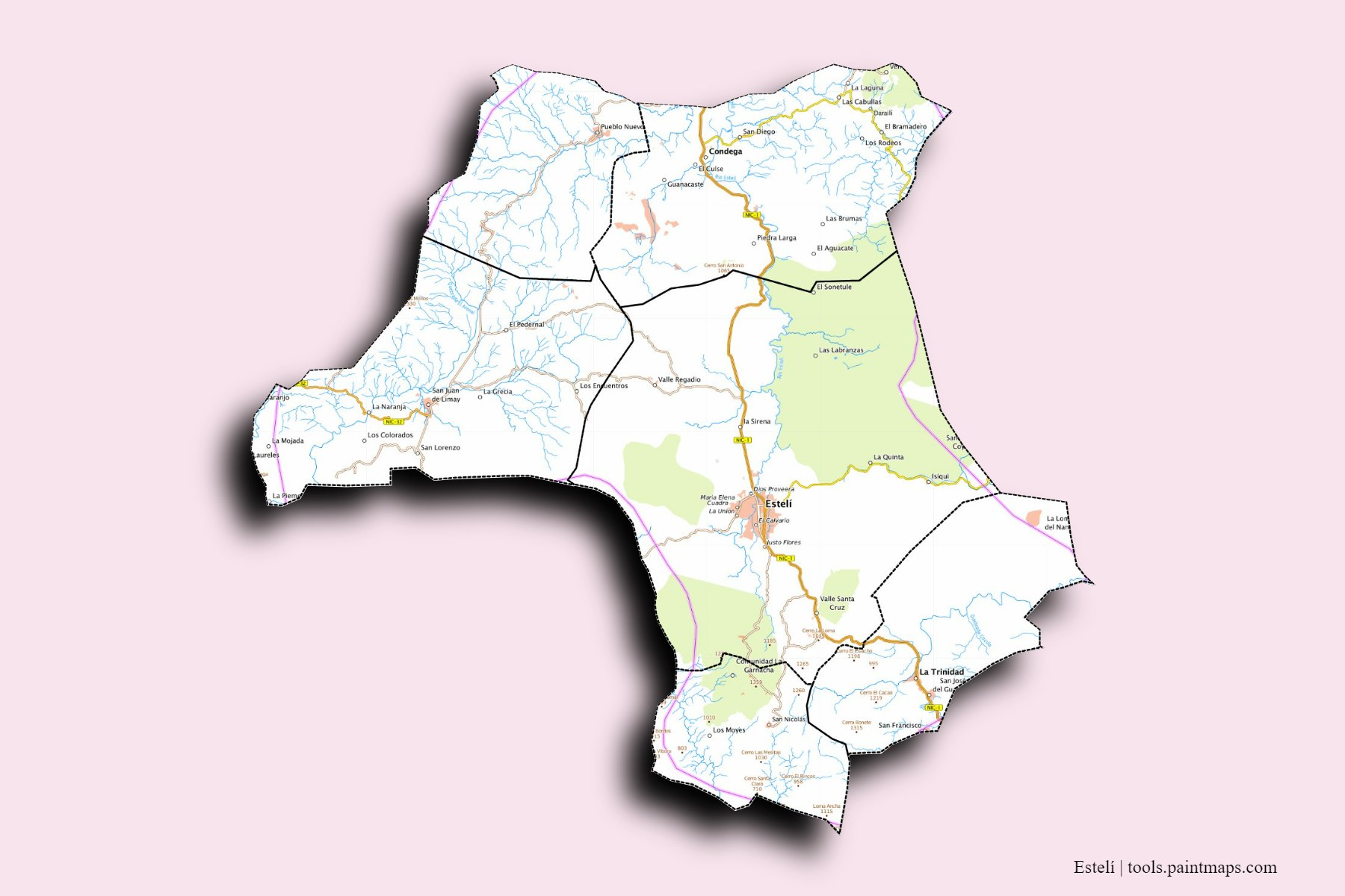 Mapa de Estelí y sus distritos con efecto de sombra 3D