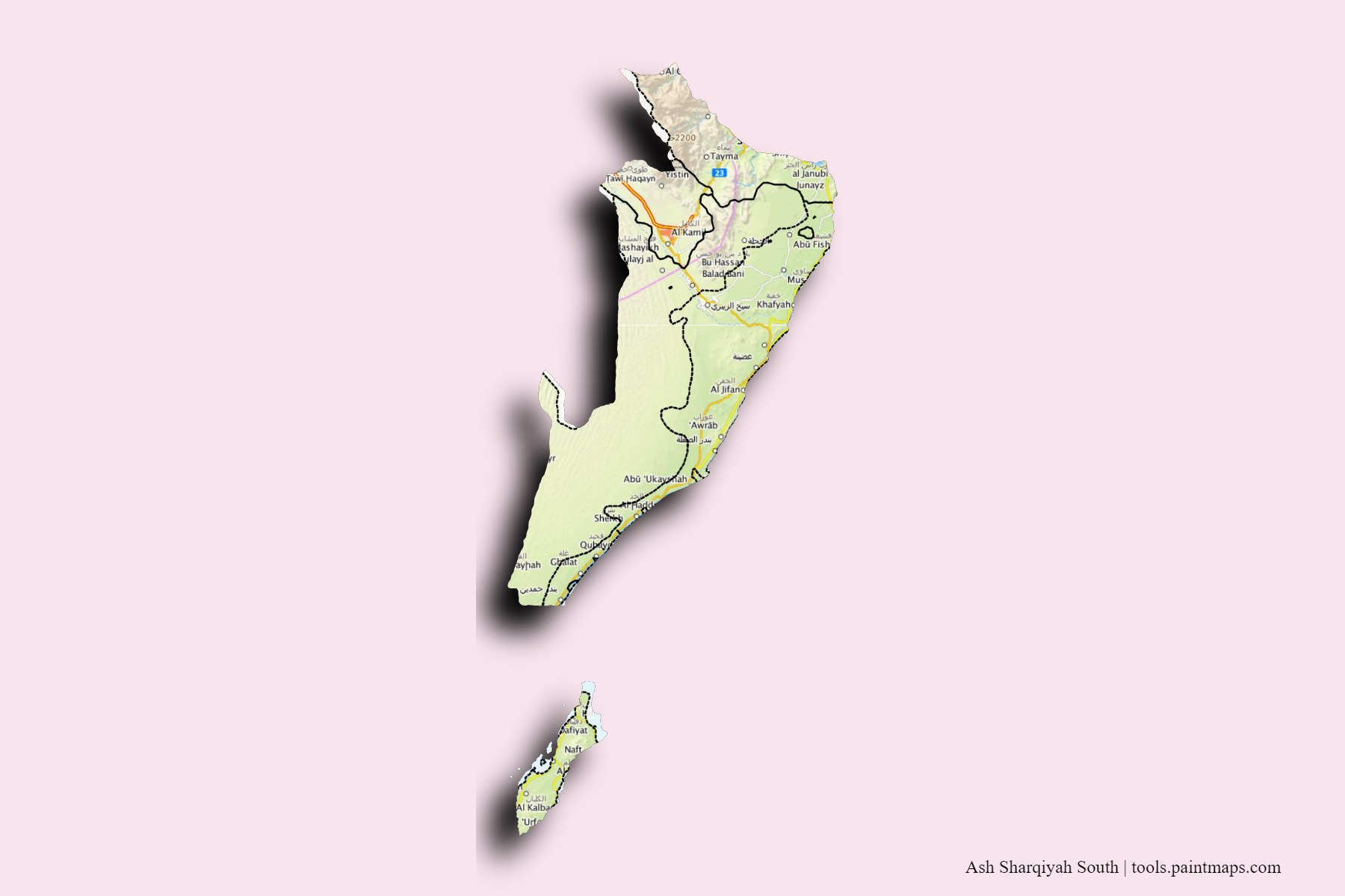 Mapa de Ash Sharqiyah South y sus distritos con efecto de sombra 3D