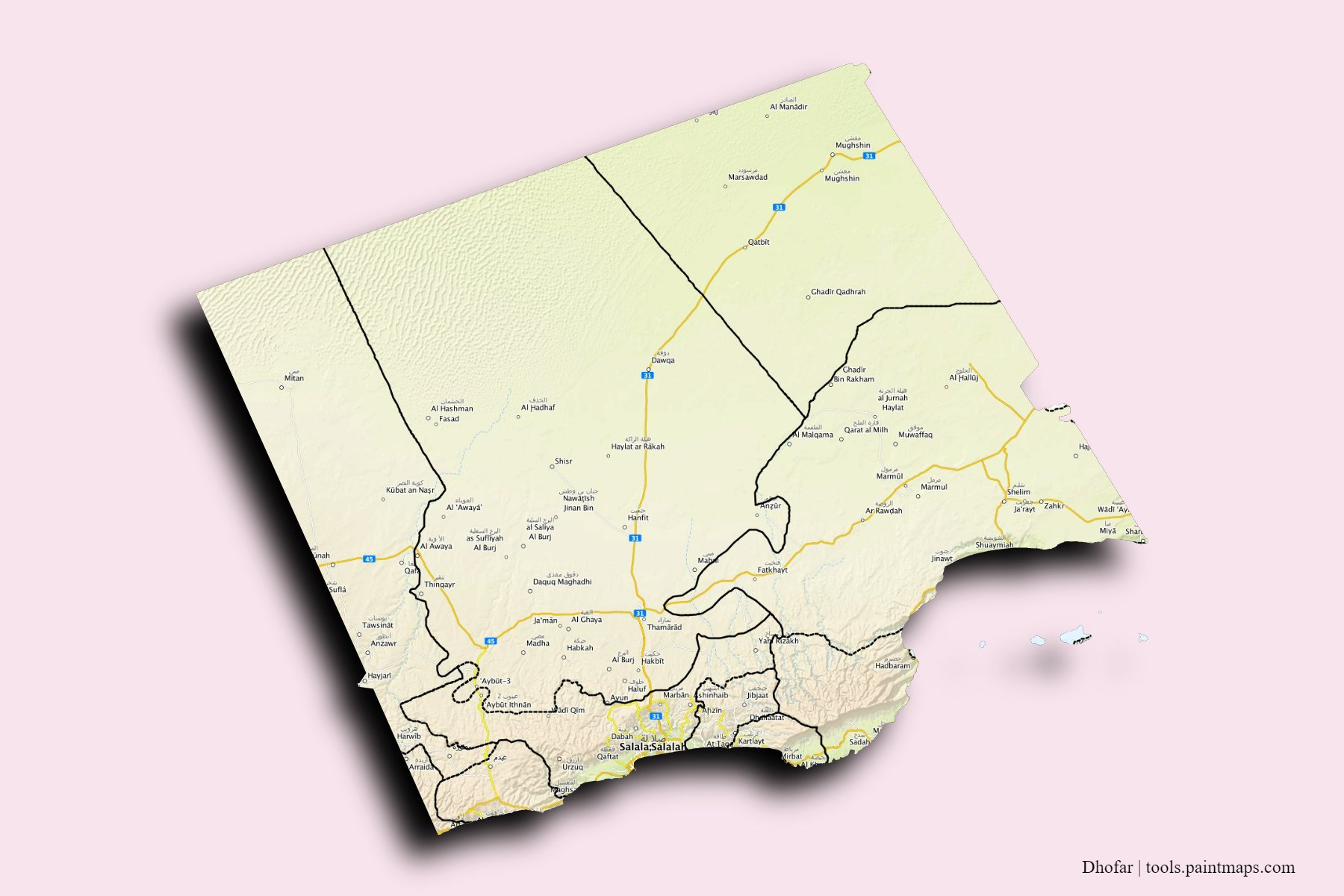 3D gölge efektli Zufar valiliği ve ilçeleri haritası