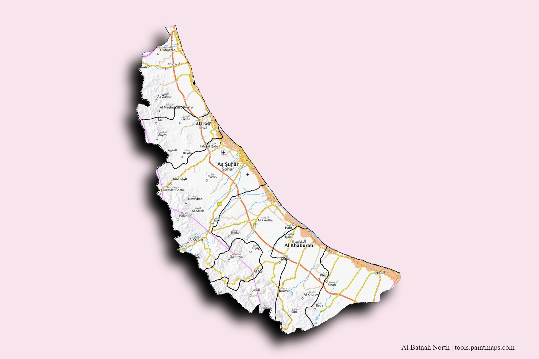 Al Batinah and counties map with 3D shadow effect