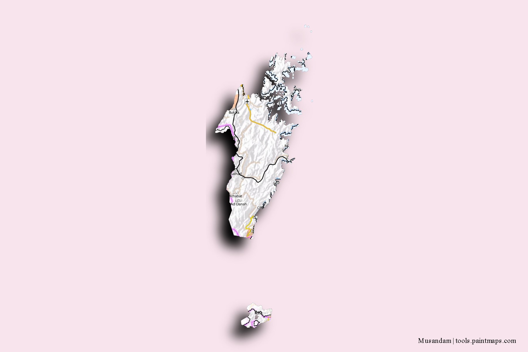 Musandam and counties map with 3D shadow effect