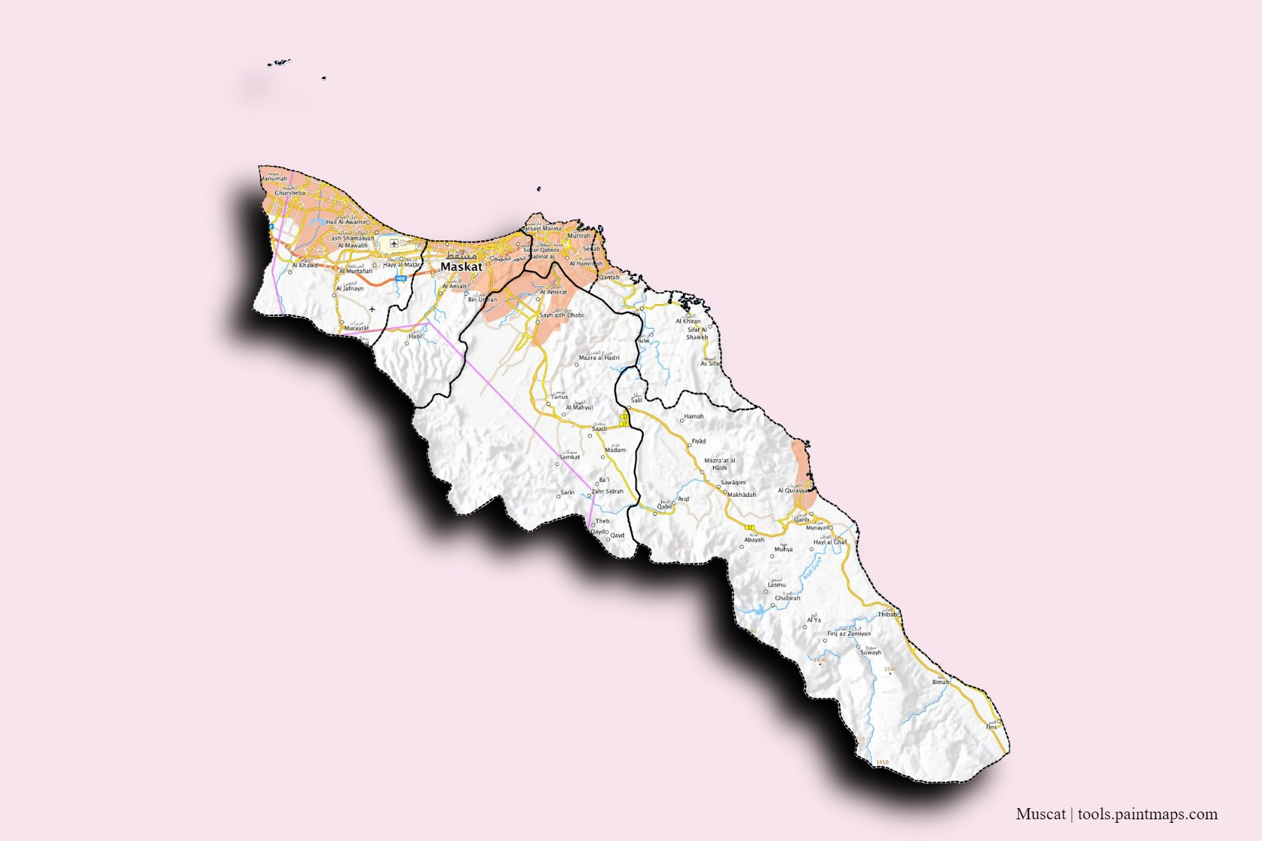3D gölge efektli Maskat valiliği ve ilçeleri haritası