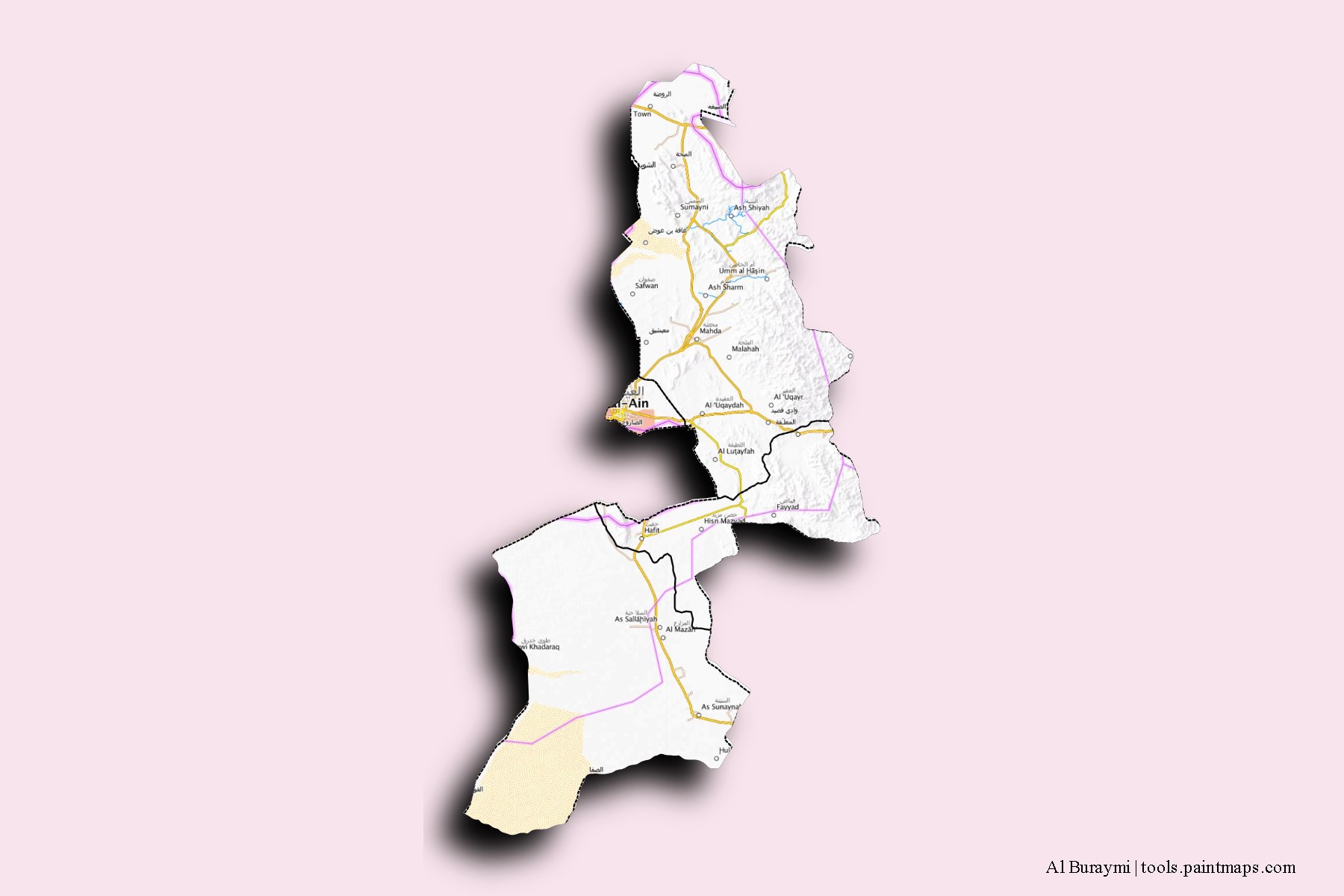 Buraymi and counties map with 3D shadow effect