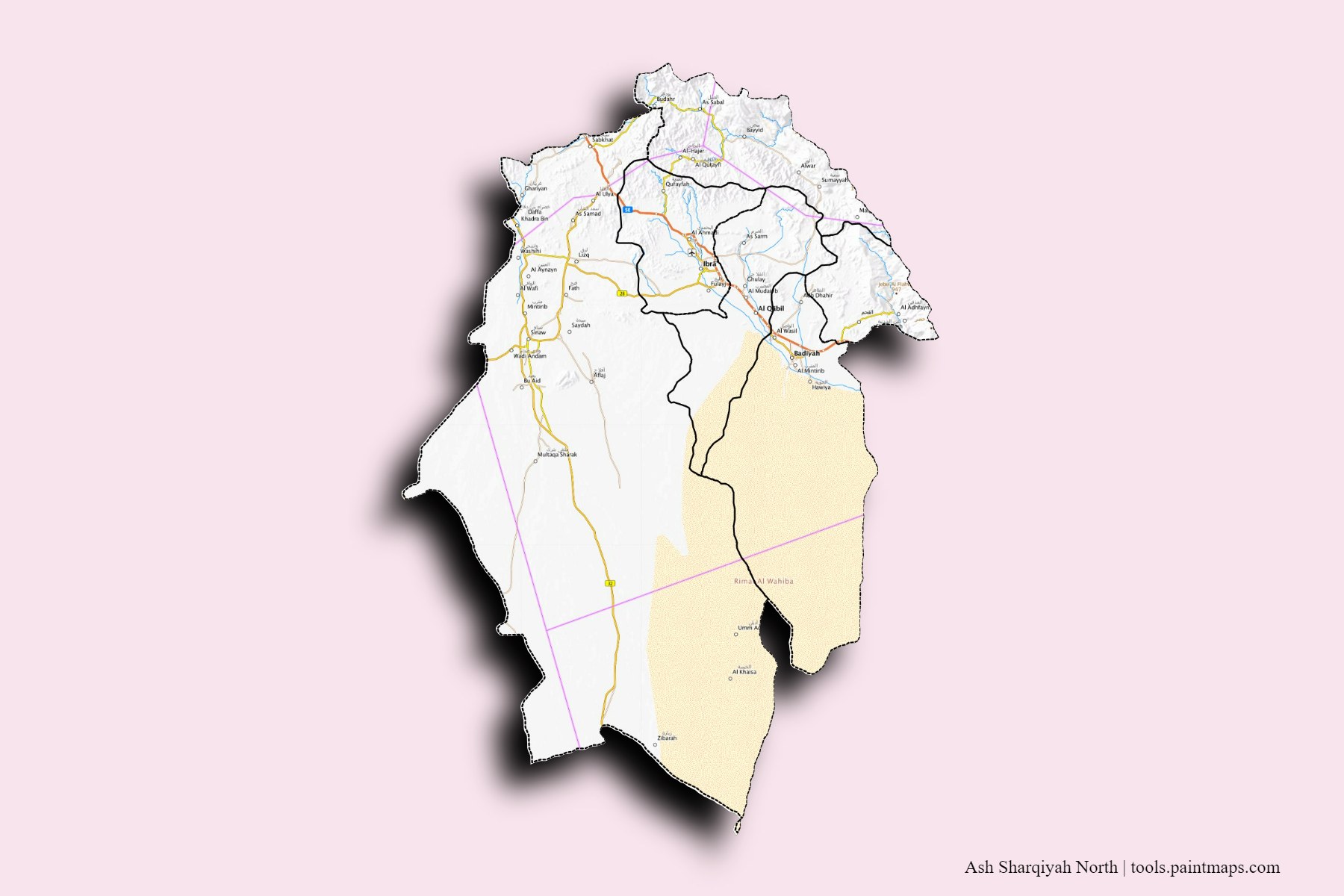 Ash Sharqiyah and counties map with 3D shadow effect