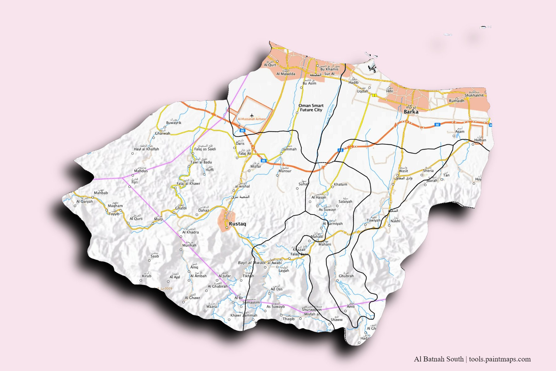 Al Batinah and counties map with 3D shadow effect