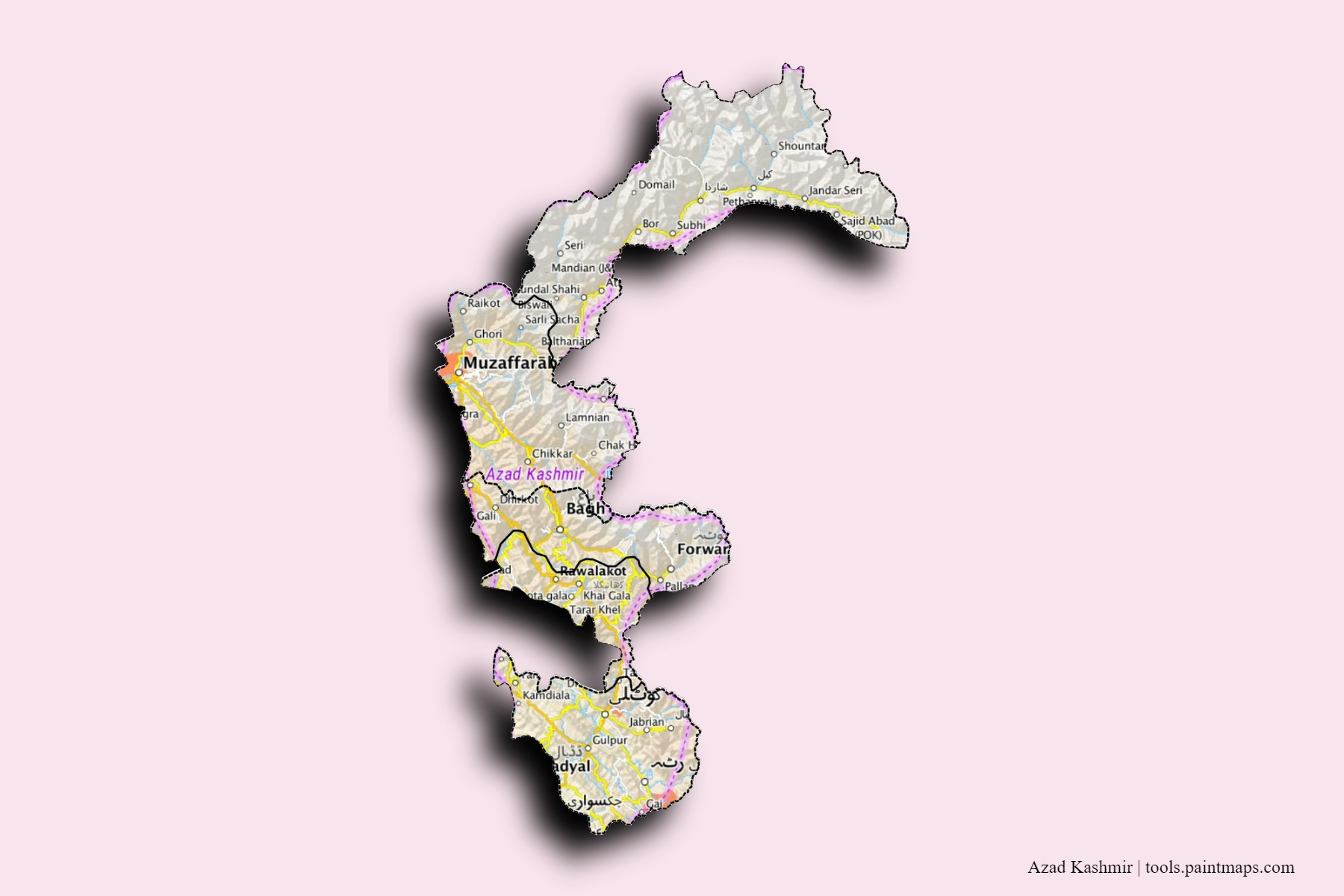 Mapa de Azad Kashmir y sus distritos con efecto de sombra 3D