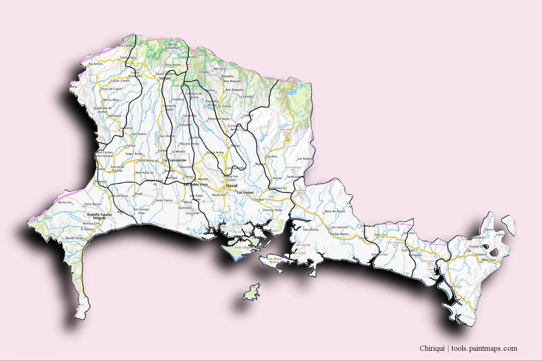 Chiriquí and counties map with 3D shadow effect