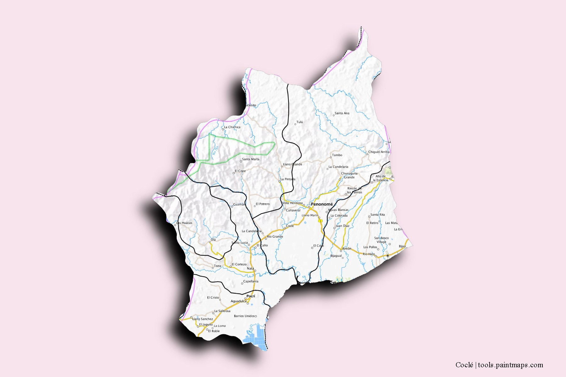 3D gölge efektli Coclé Province ve ilçeleri haritası