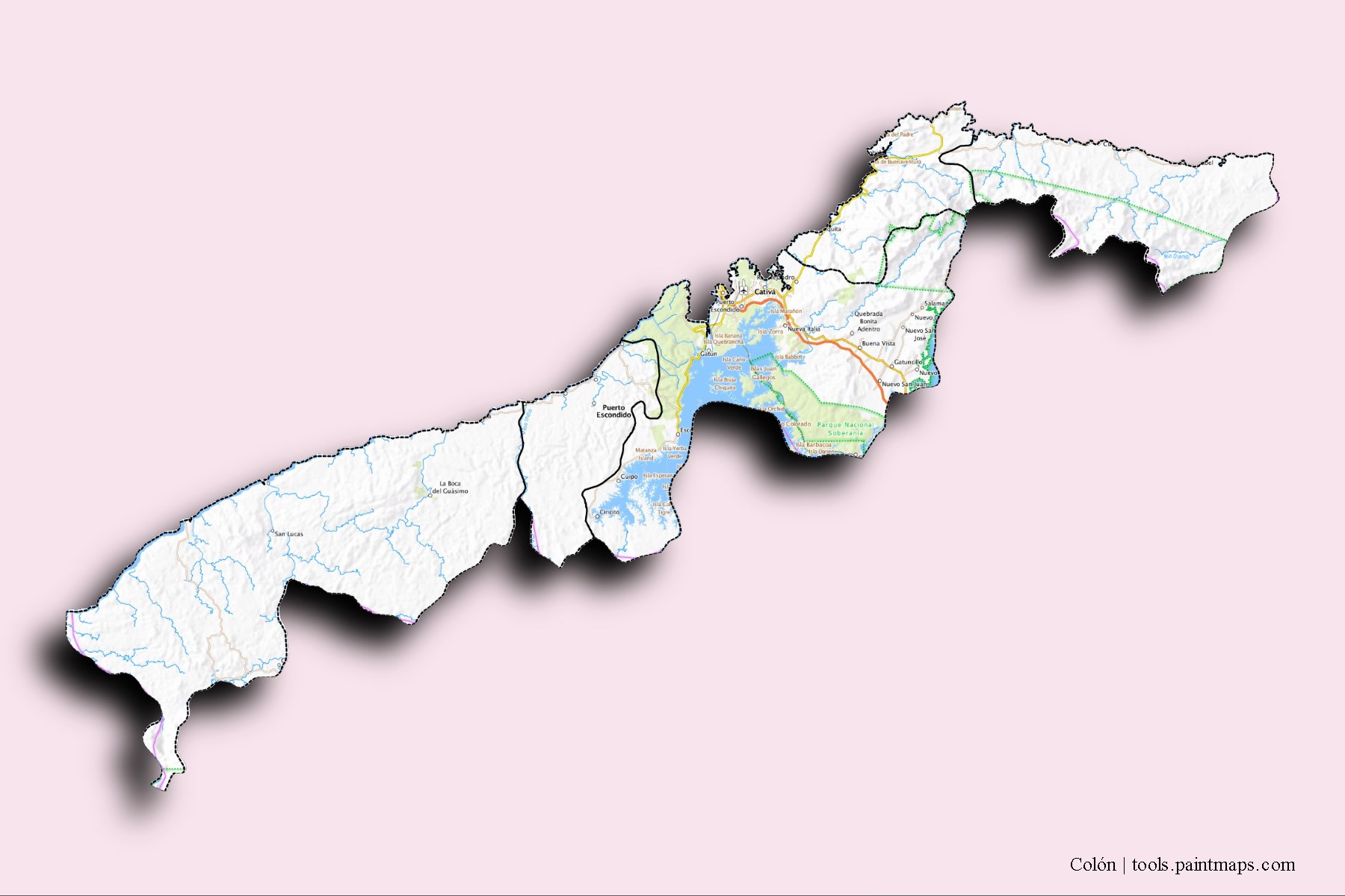 Mapa de Colón y sus distritos con efecto de sombra 3D