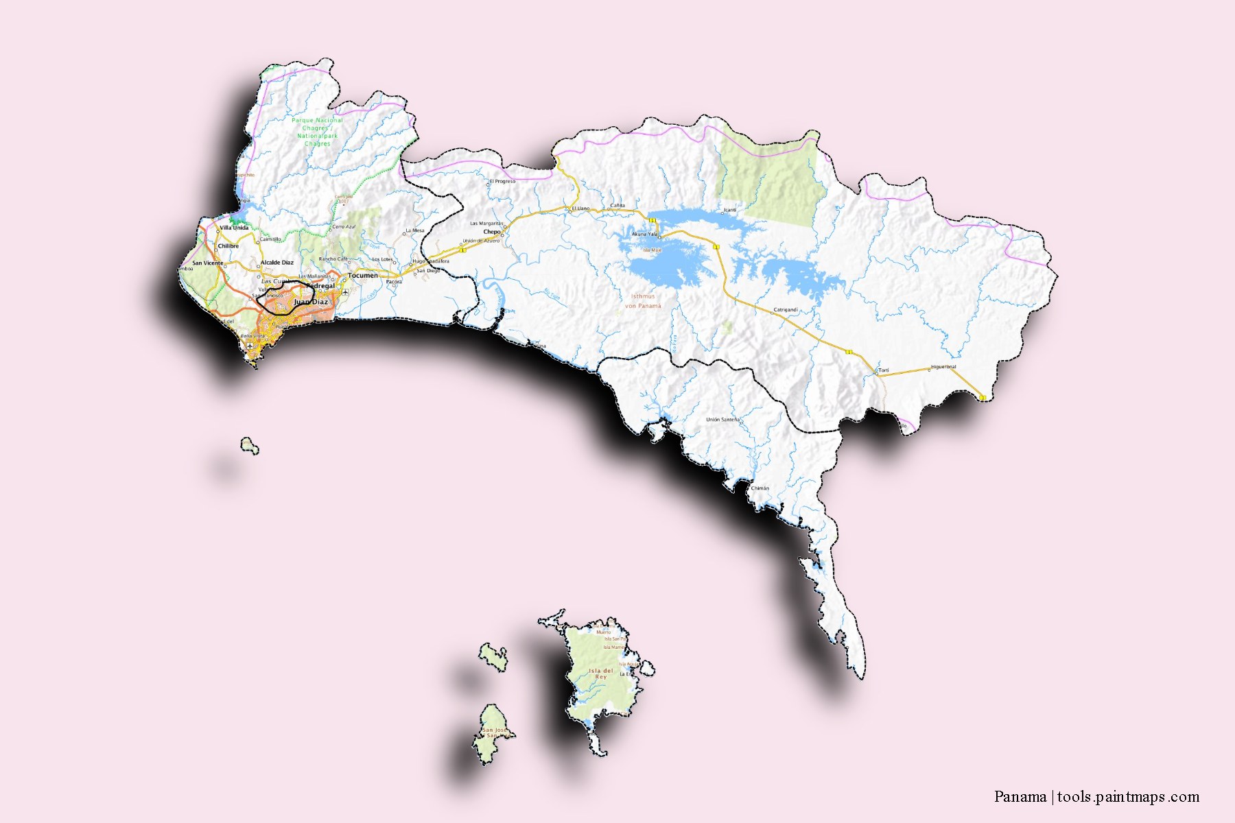 Panama and counties map with 3D shadow effect