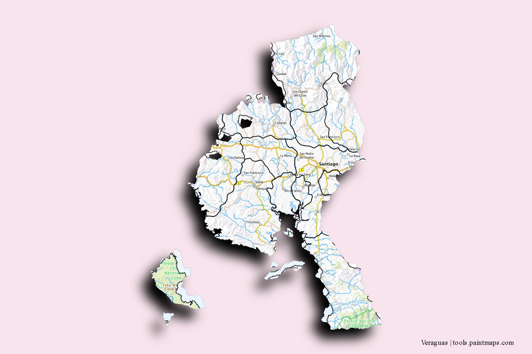 Veraguas and counties map with 3D shadow effect