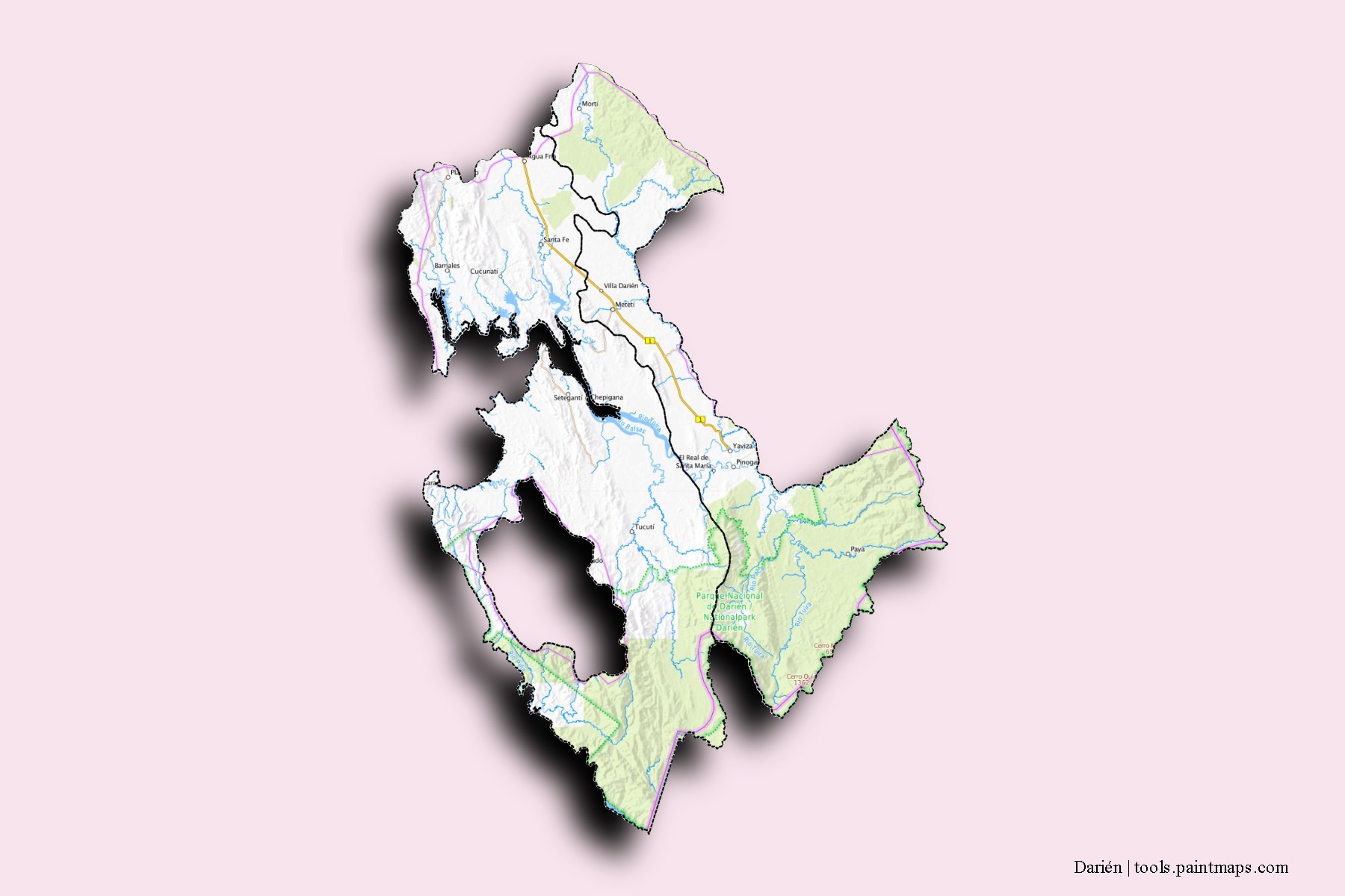 Darién and counties map with 3D shadow effect