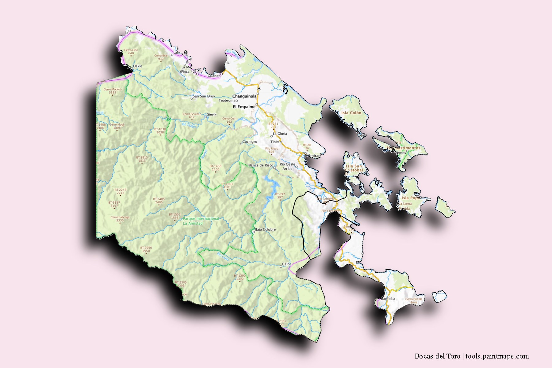 Bocas del Toro and counties map with 3D shadow effect