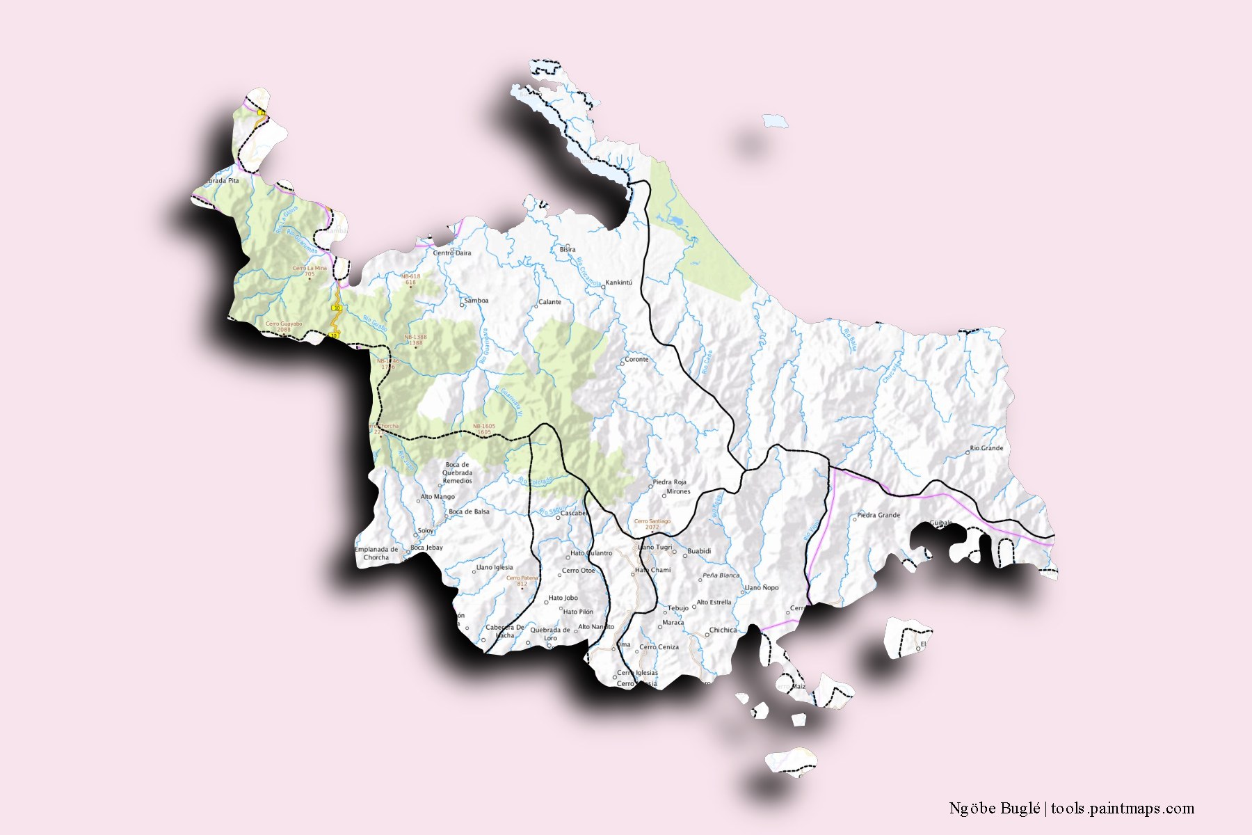 Ngäbe Buglé and counties map with 3D shadow effect