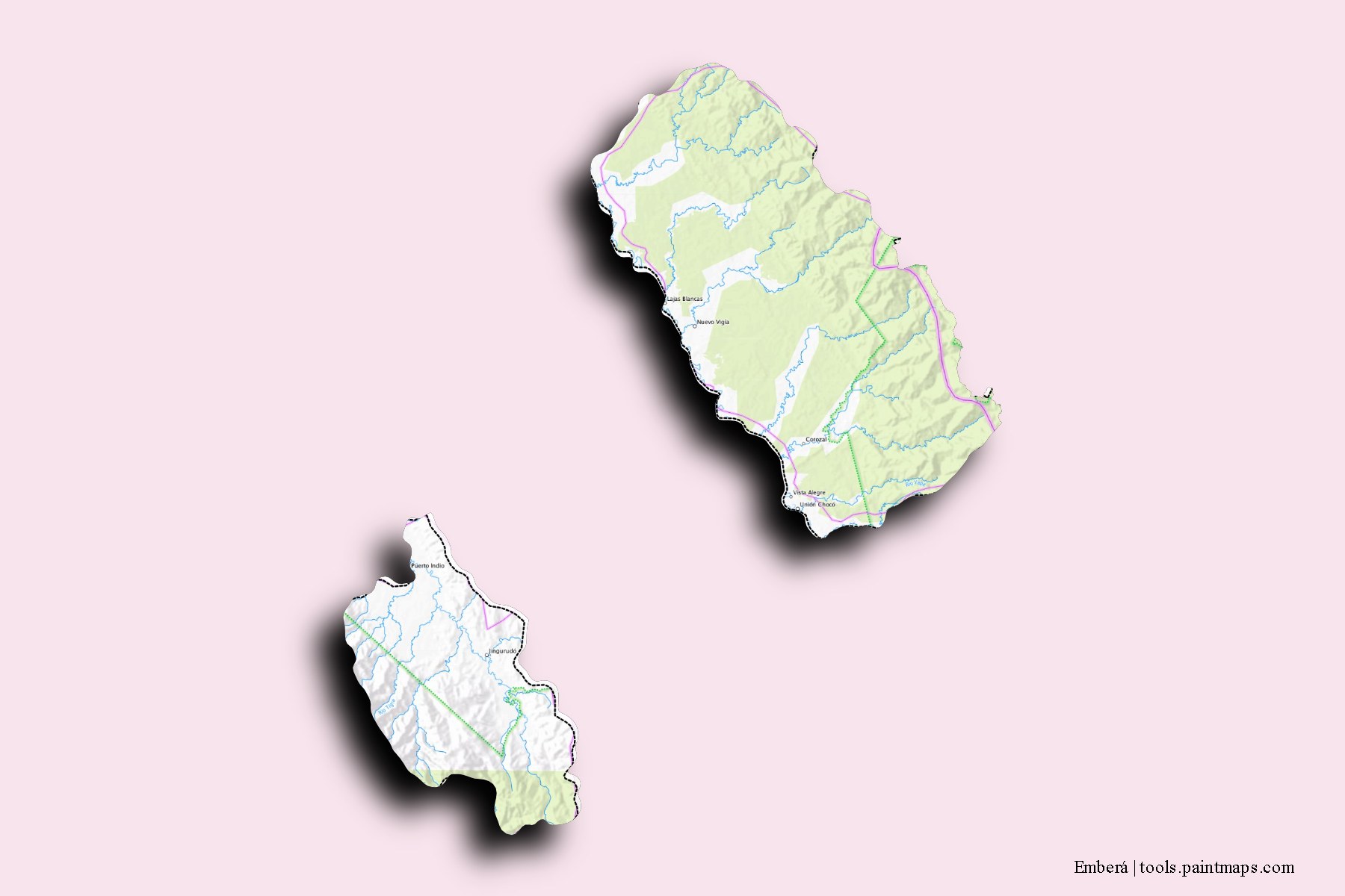 Emberá and counties map with 3D shadow effect