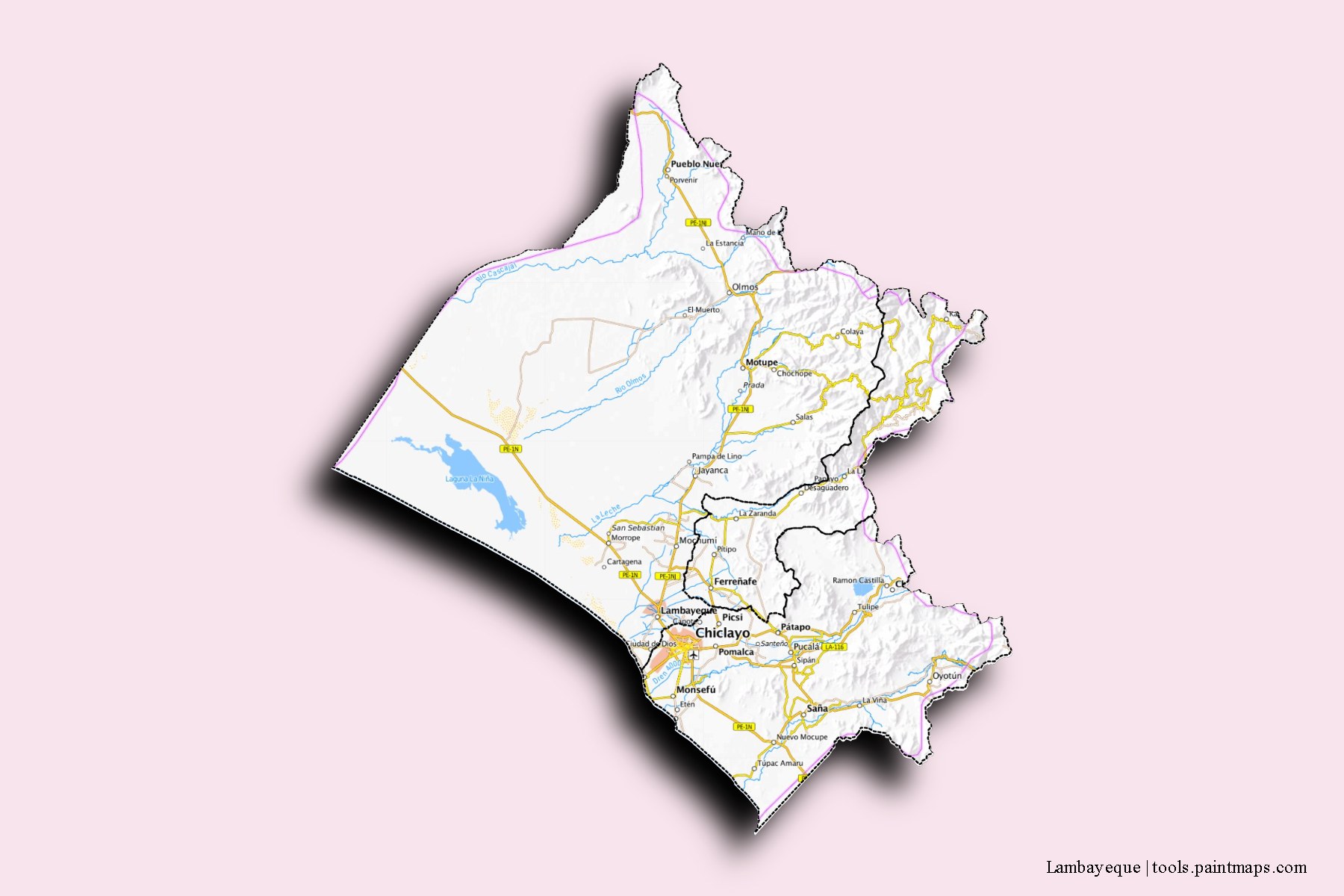 Lambayeque and counties map with 3D shadow effect